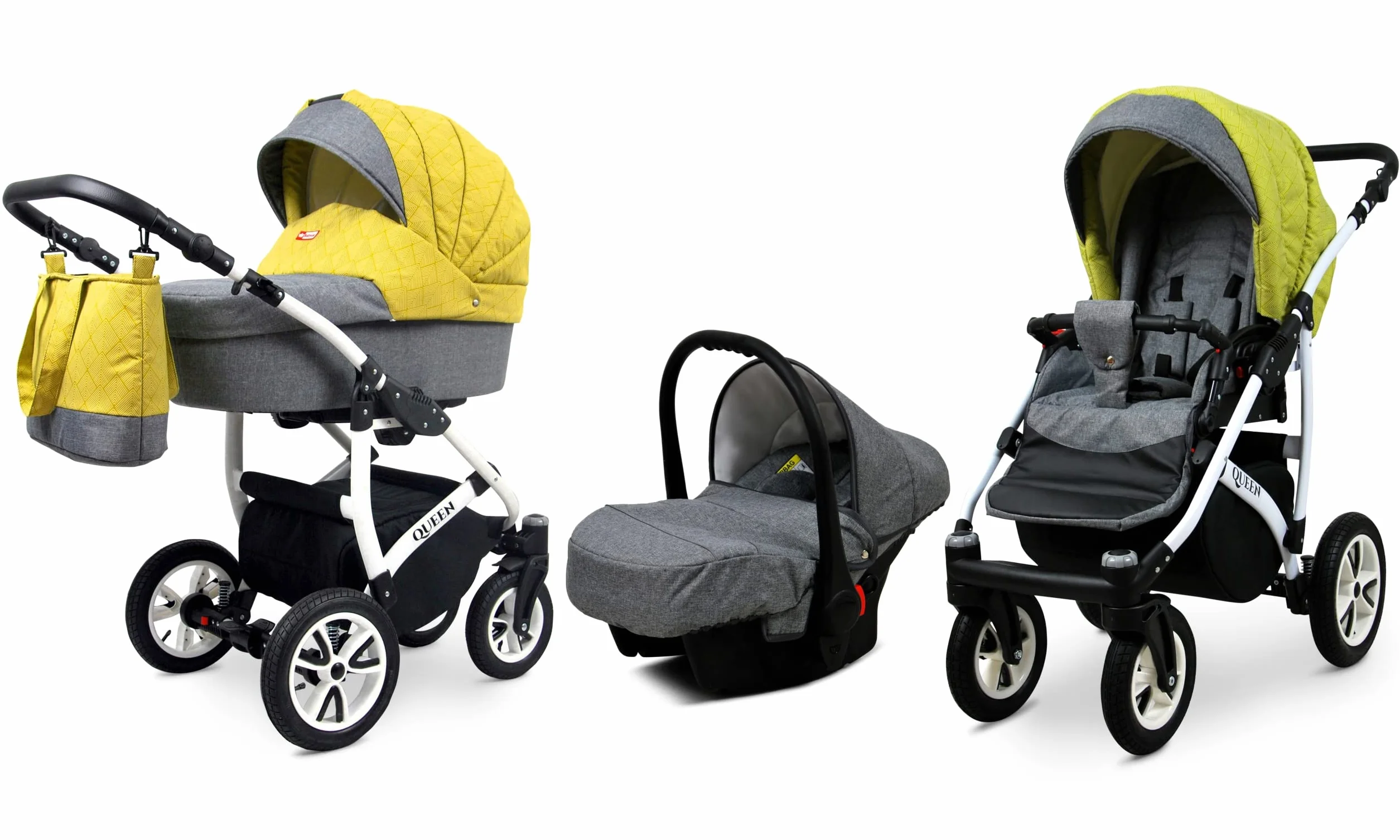 BabyLux Passeggino 3 in 1 Queen - Set Completo con Navicella, Seggiolino Auto, Borsa e Copertura Antipioggia