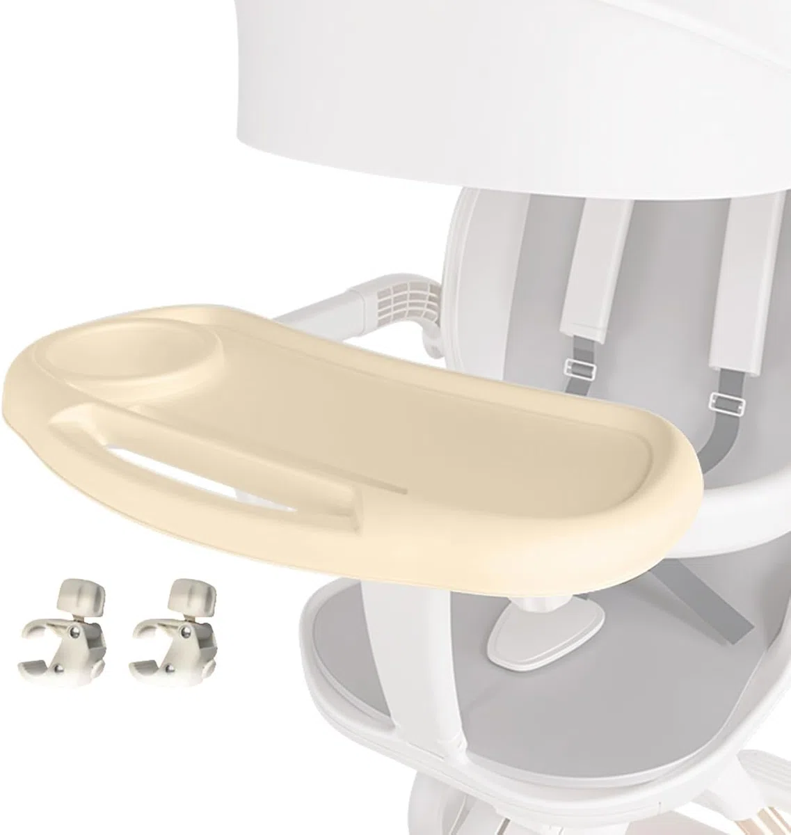Vassoio per snack per passeggino con portabicchieri, 3 in 1, rimovibile, universale, regolabile, accessorio per passeggino, fissaggio sicuro (beige)