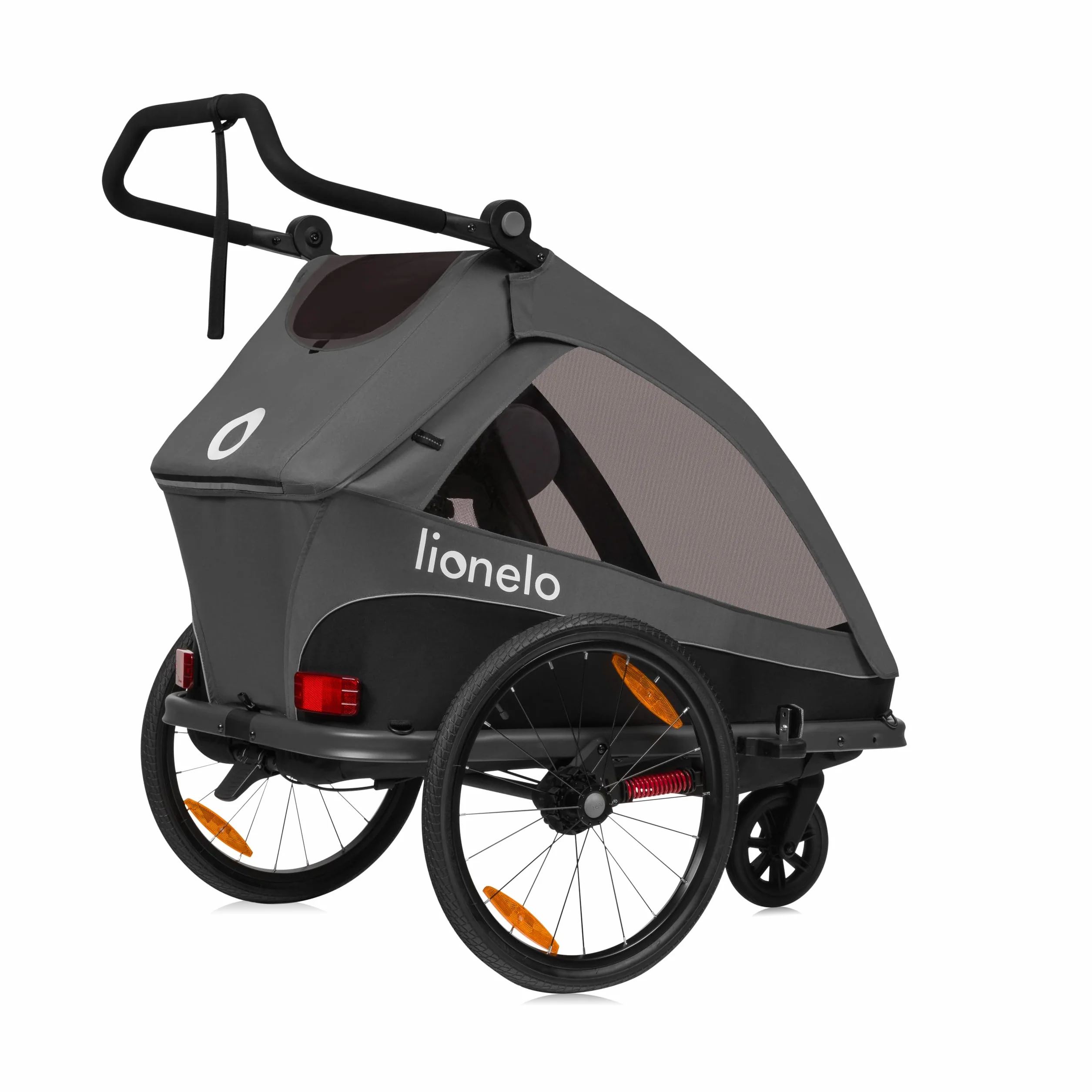 LIONELO CAMA Rimorchio per bicicletta 2 in 1 con funzione passeggino per 2 bambini 22 kg sospensioni ruote grandi tettuccio impermeabile