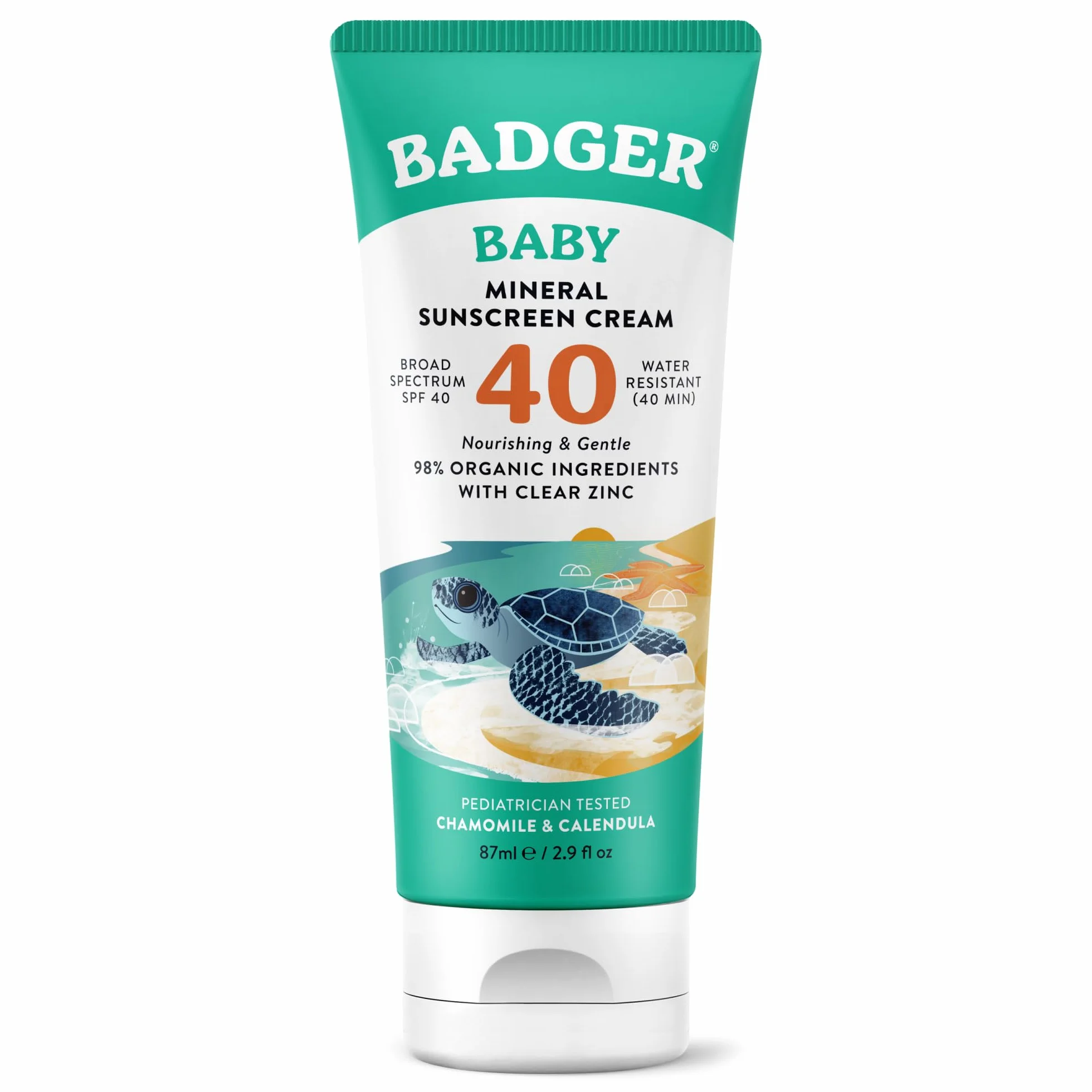 Badger SPF 40 Baby Sunscreen Cream - Reef-Friendly Broad-Spectrum Water-Resistant Baby Sunscreen with Zinc Oxide - Chamomile and Calendula, 2,9 oz