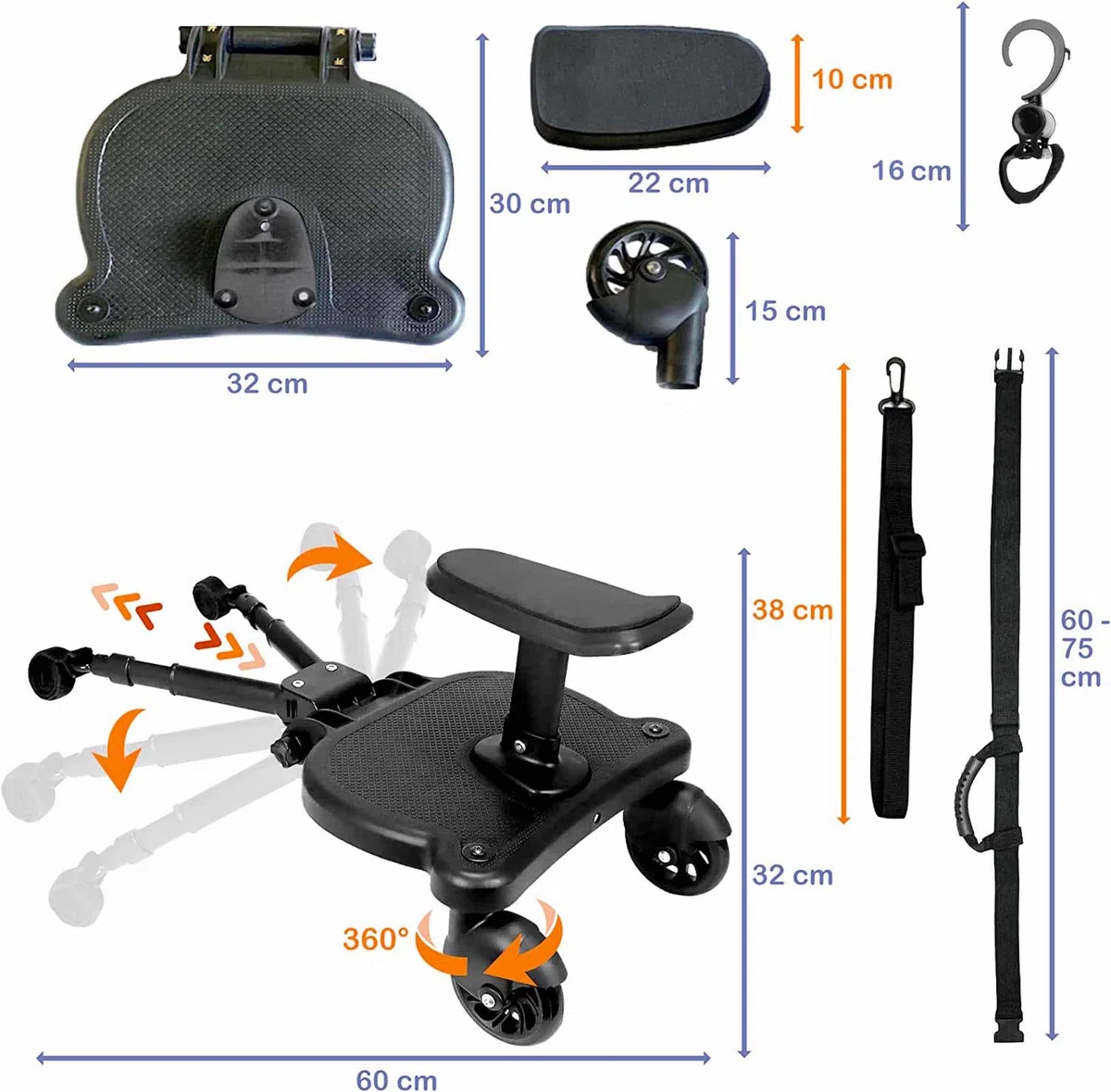 HELLO HIPPO® Pedana universale per passeggino passeggino con sedile - Accessorio per passeggino - Adattatore per passeggino doppio Tavola per buggy Pratica e compatta -