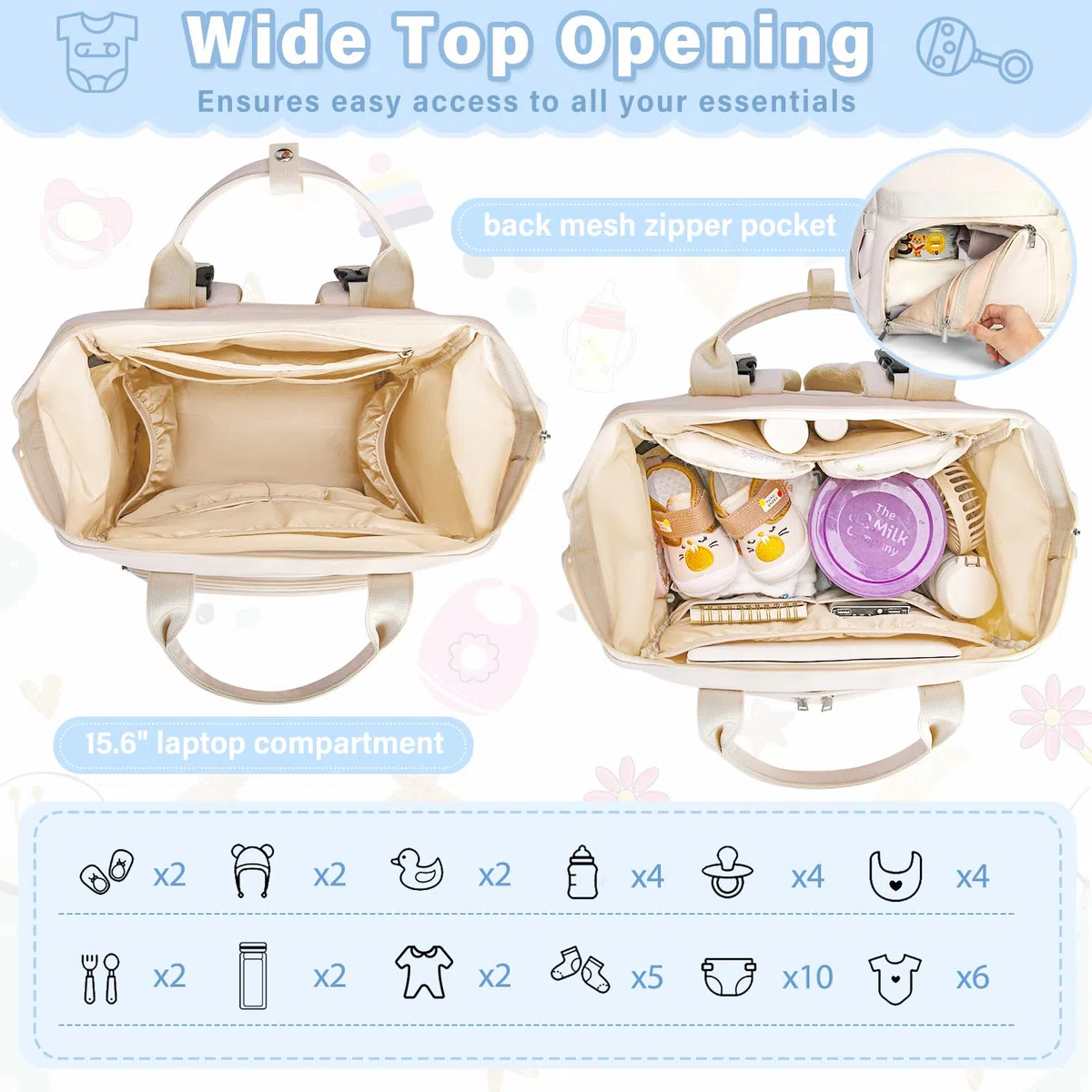 RAINSMORE Zaino Mamma Multifunzione con Fasciatoio Portatile e Grande Borsa Neonato Ganci per Passeggino per Mamma e Papà Bianco
