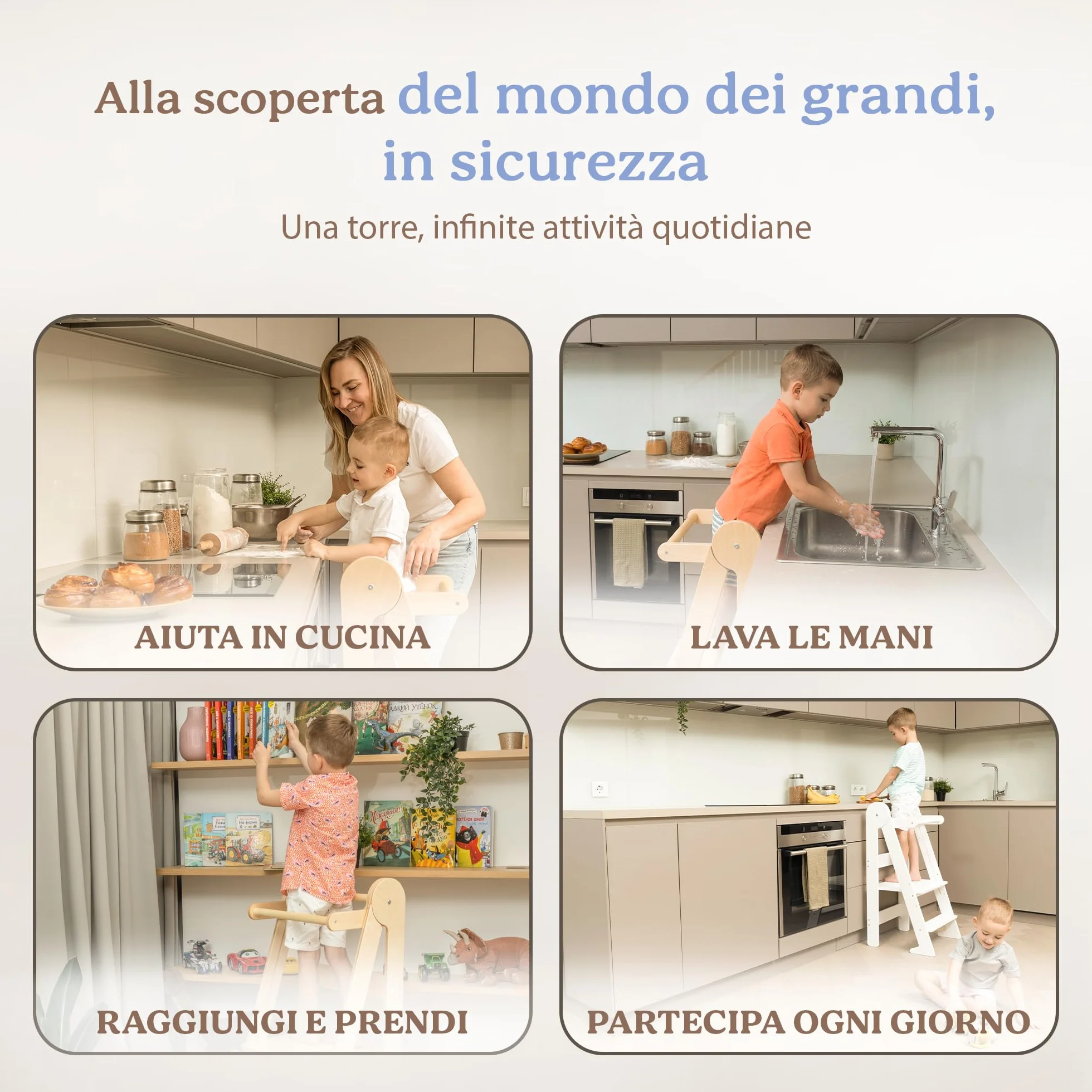 TOYBOX Torre Montessoriana Pieghevole, Learning Tower, Legno Naturale