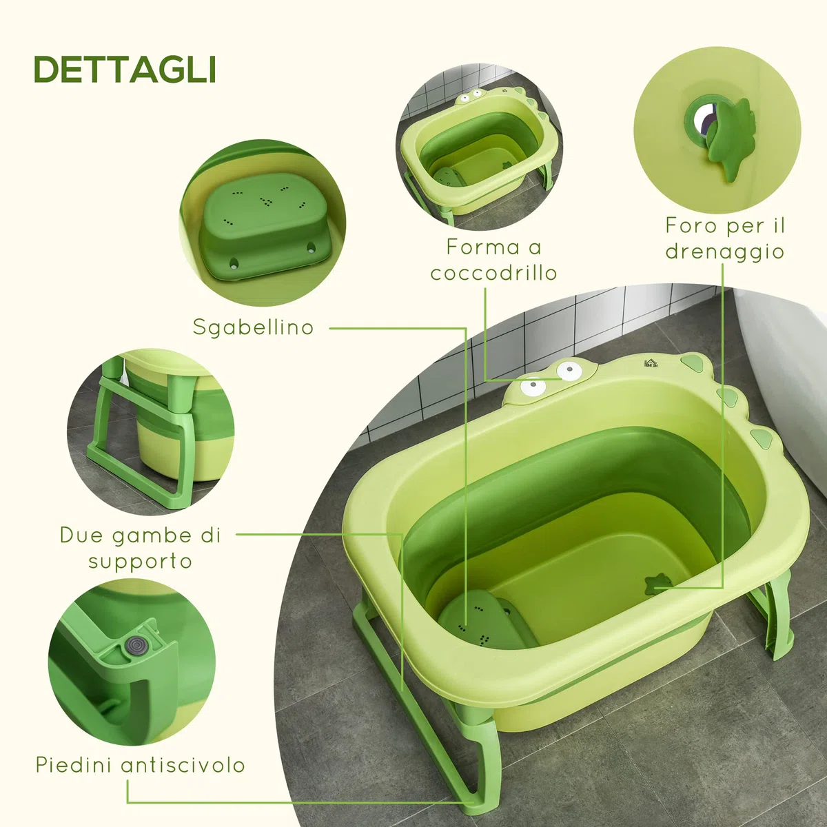 HOMCOM Vaschetta Bagnetto Neonato Pieghevole con Supporto Antiscivolo, Vaschetta da Bagno Portatile per Neonati e Bambini di 0-6 Anni con Foro di Scarico, 75.3x55.4x43cm, Verde