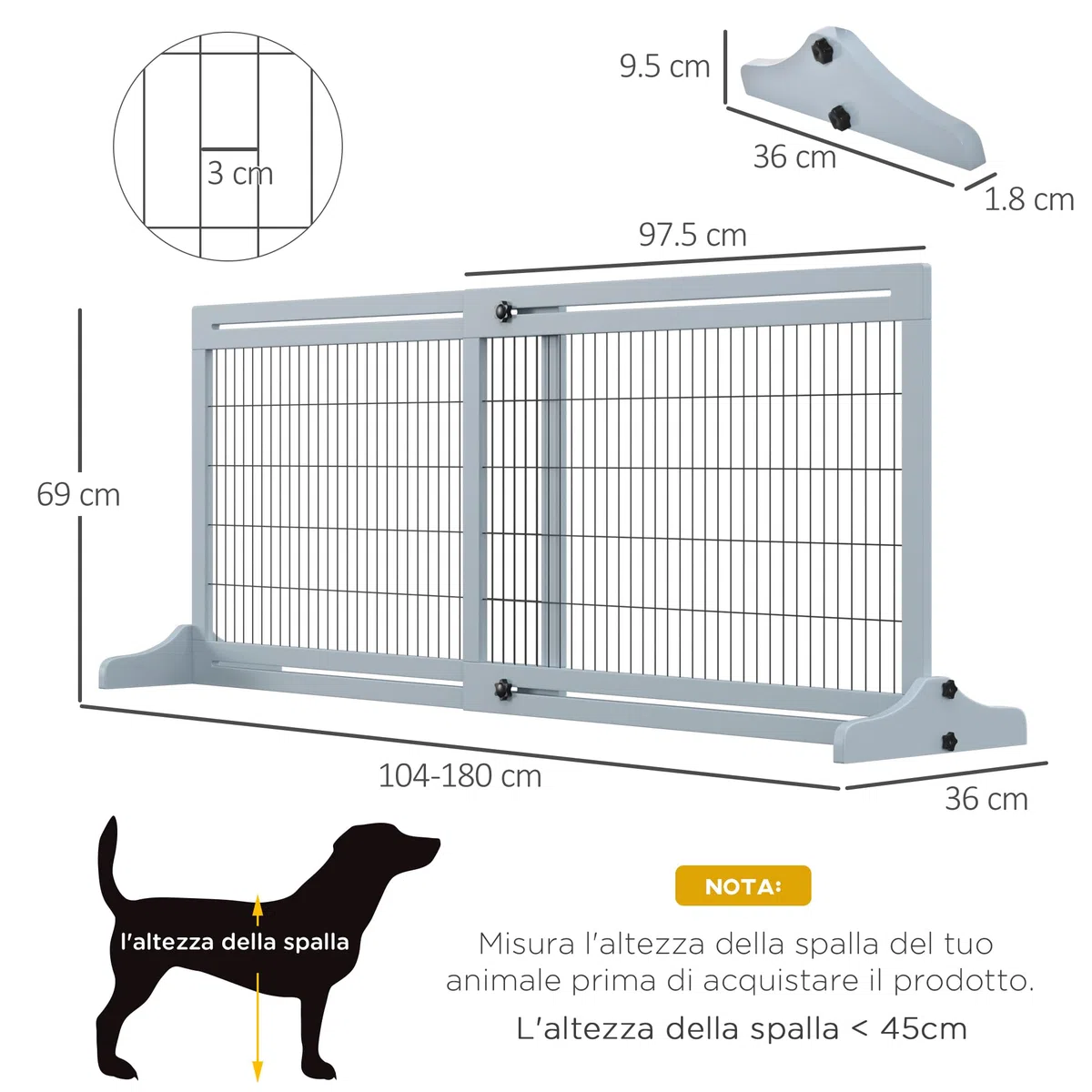 PawHut Cancelletto di Sicurezza per Cani in Legno e Acciaio, Cancellino per Cani Estensibile da Interno 104-180cm, Blu-grigio