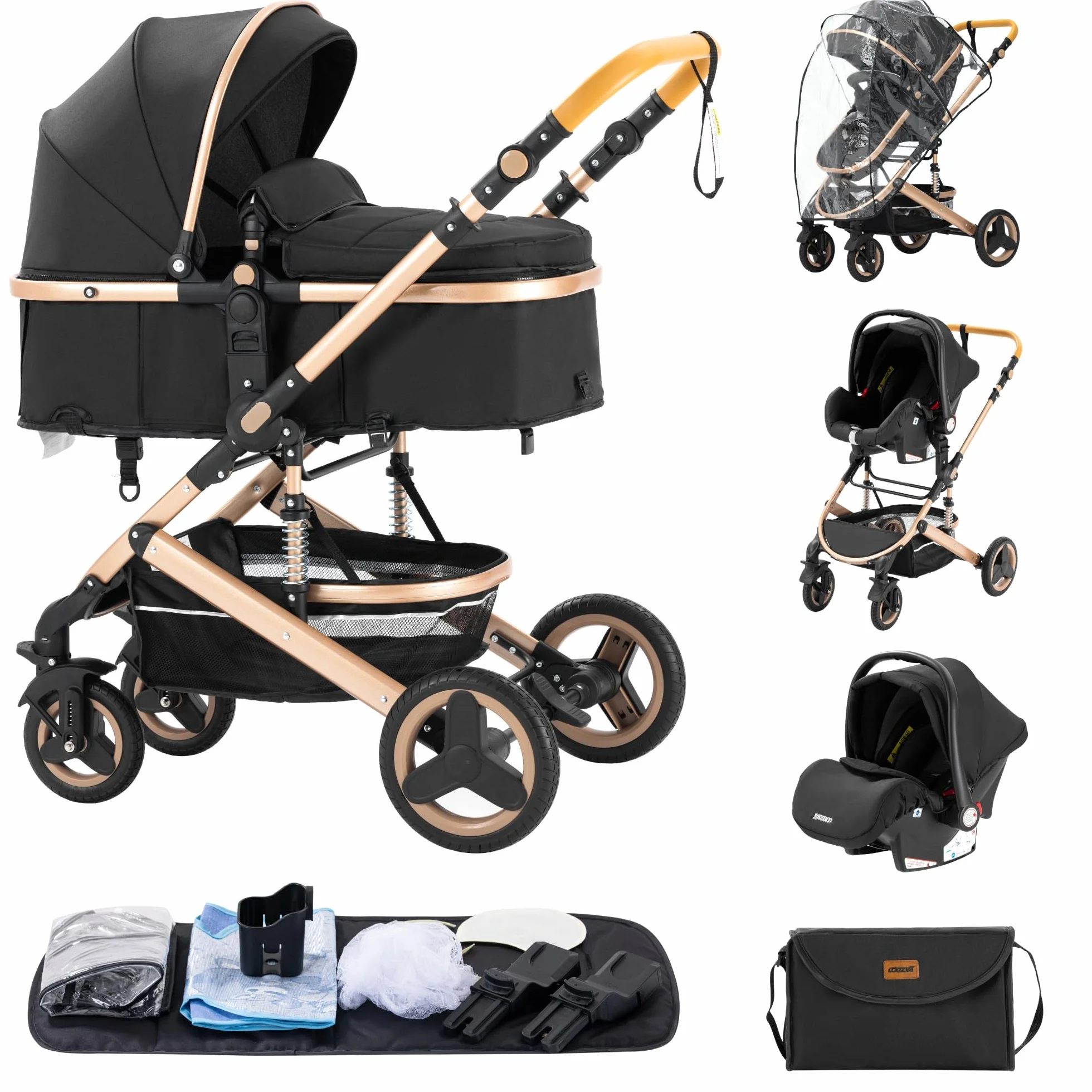 Passeggino Trio 3 in 1 Pieghevole per Neonati con Borsa Mamma, Pneumatici in Gomma 25kg