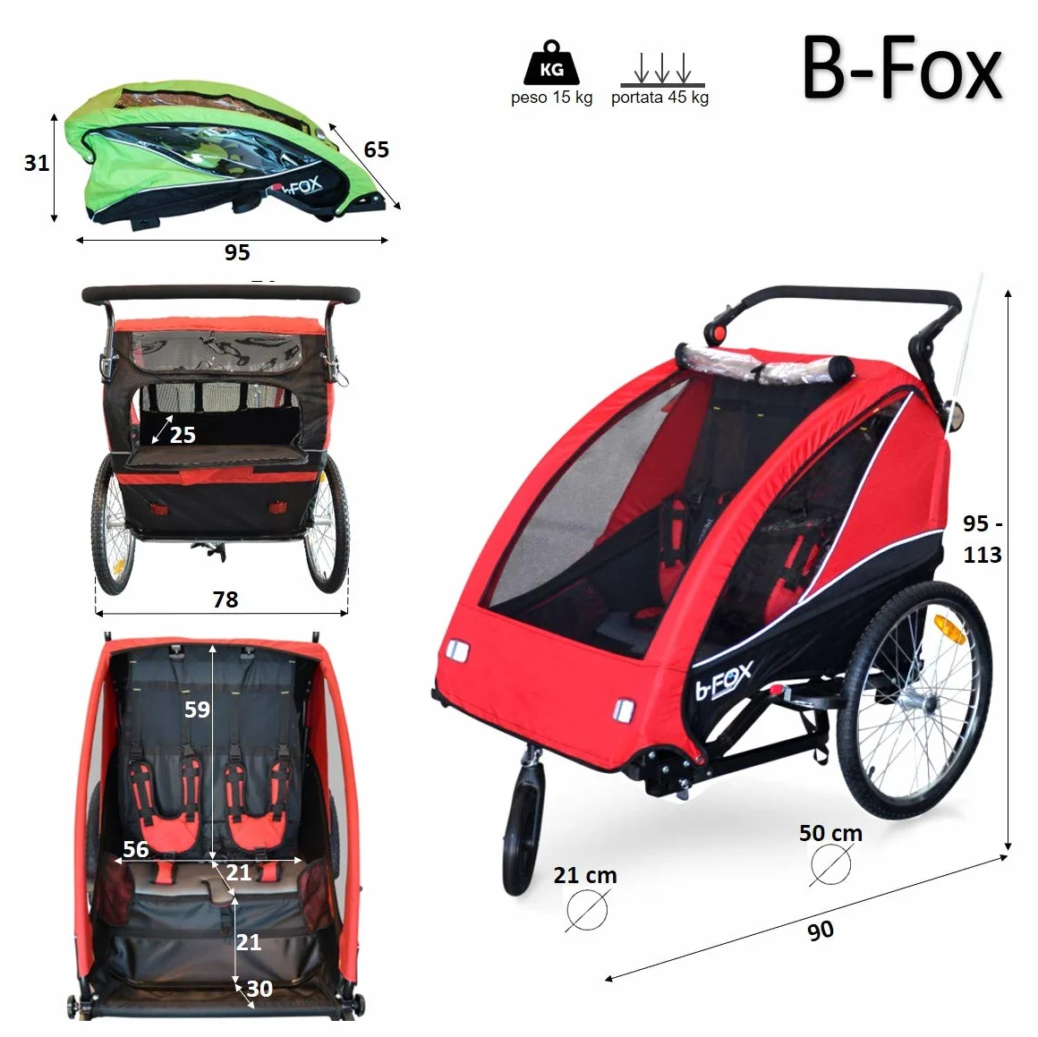 PAPILIOSHOP B-FOX Rimorchio Bici e Passeggino Multifunzione per Trasporto di 1 o 2 Bambini – Carrello Bicicletta Sicuro, Pieghevole e Facile da Trasformare per Passeggiate, Gite e Escursioni