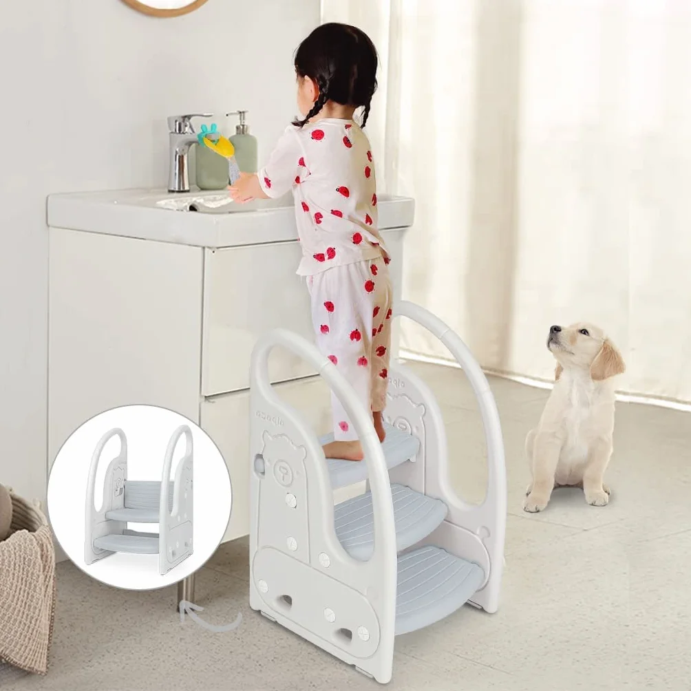 Scaletta gradini per bambini Sgabello a tre gradini Regolabile in Altezza Antiscivolo Grigio