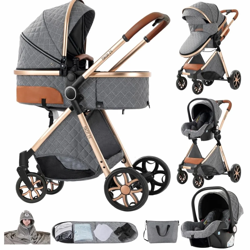 Passeggino 3 in 1 Elevato Pieghevole in Alluminio per Bambini Grigio