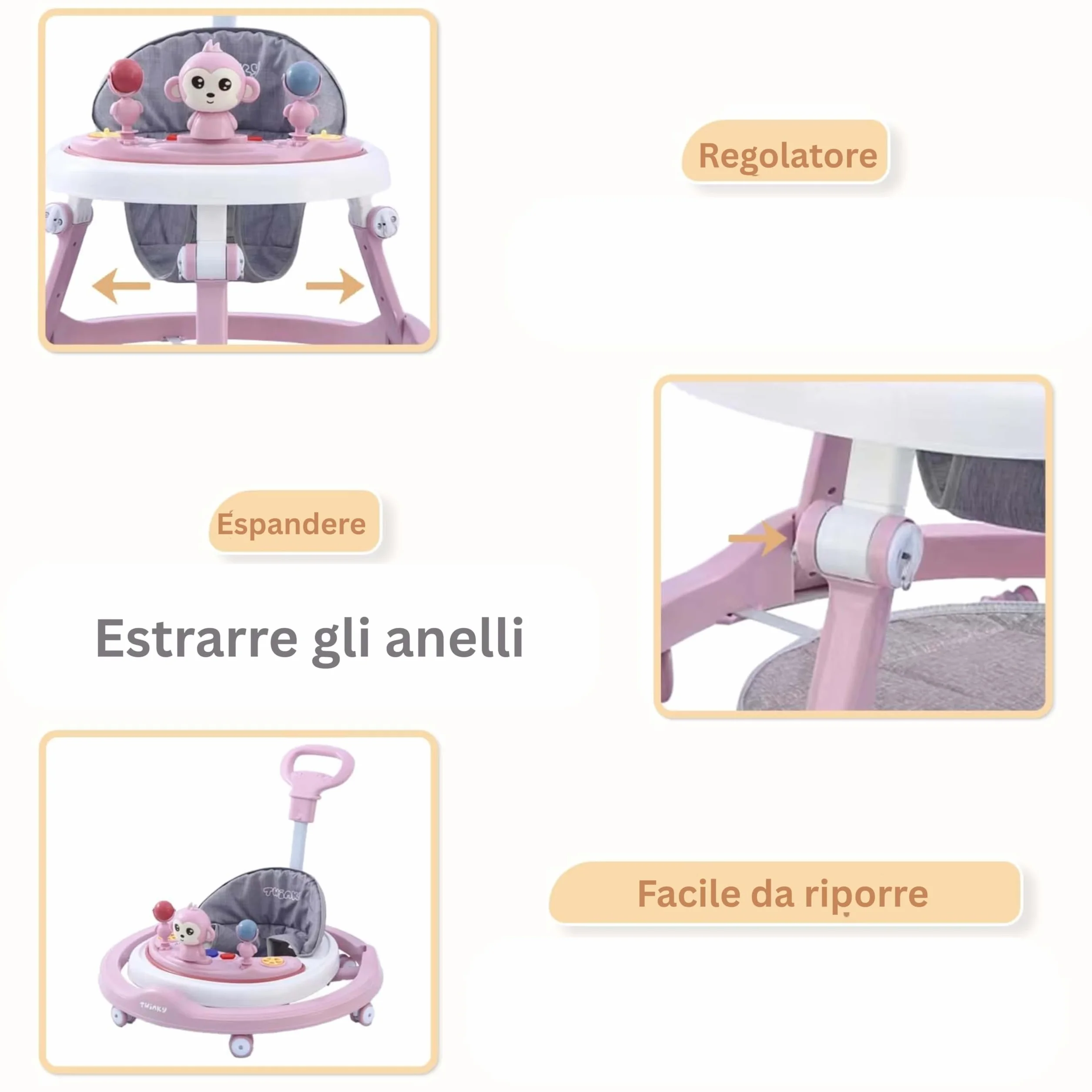 Twinky Girello Neonato 6-12 Mesi – Girello Regolabile e Sicuro per Bambini 6-18 Mesi | Design Pieghevole, Giochi Interattivi e Ruote Silenziose