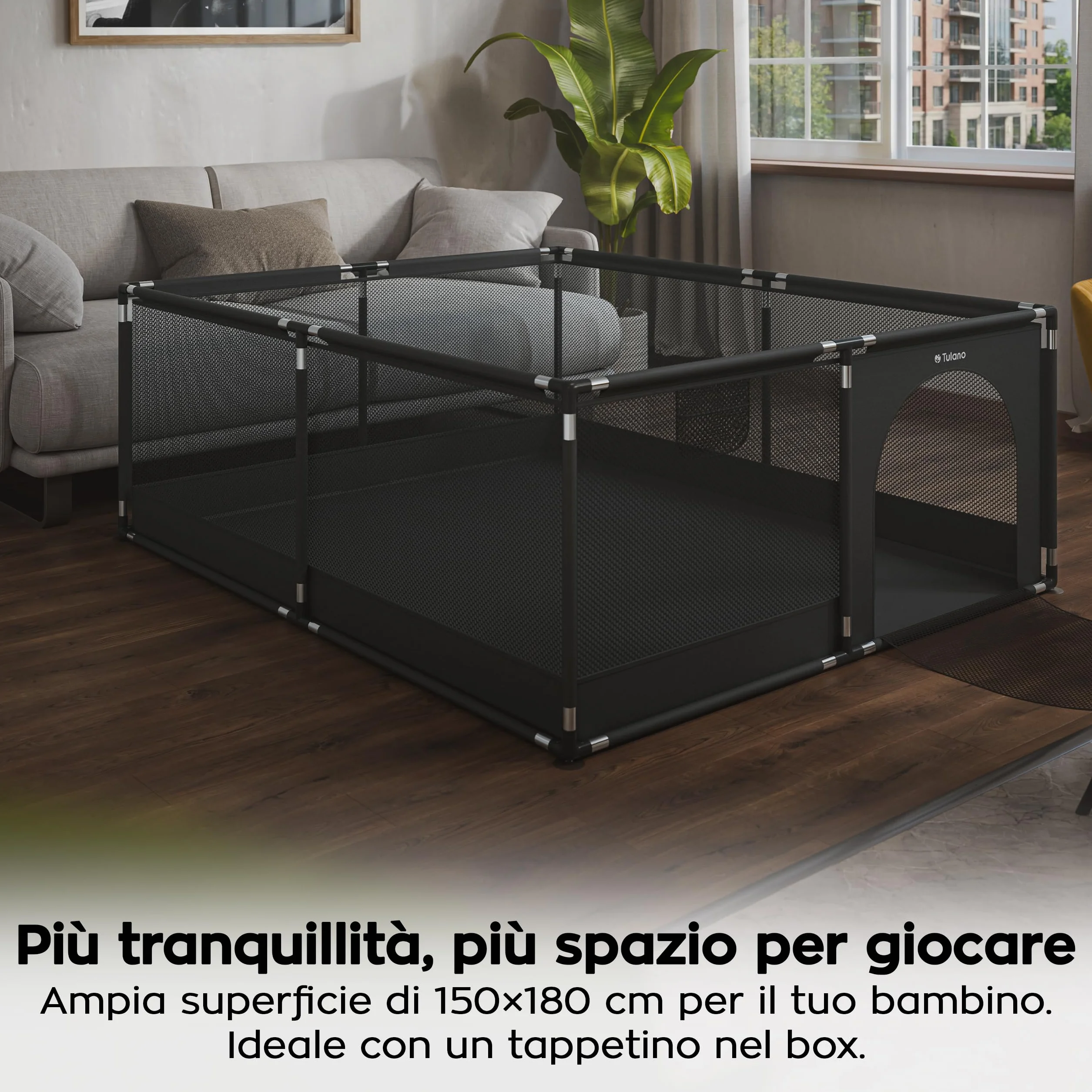 Tulano Cozy 25 Box per Bambini 150x180 cm 6-36 mesi Recinto Neonato con Fondo Struttura in Metallo Rete Traspirante Porta con Cerniera Borsa Inclusa Grafite