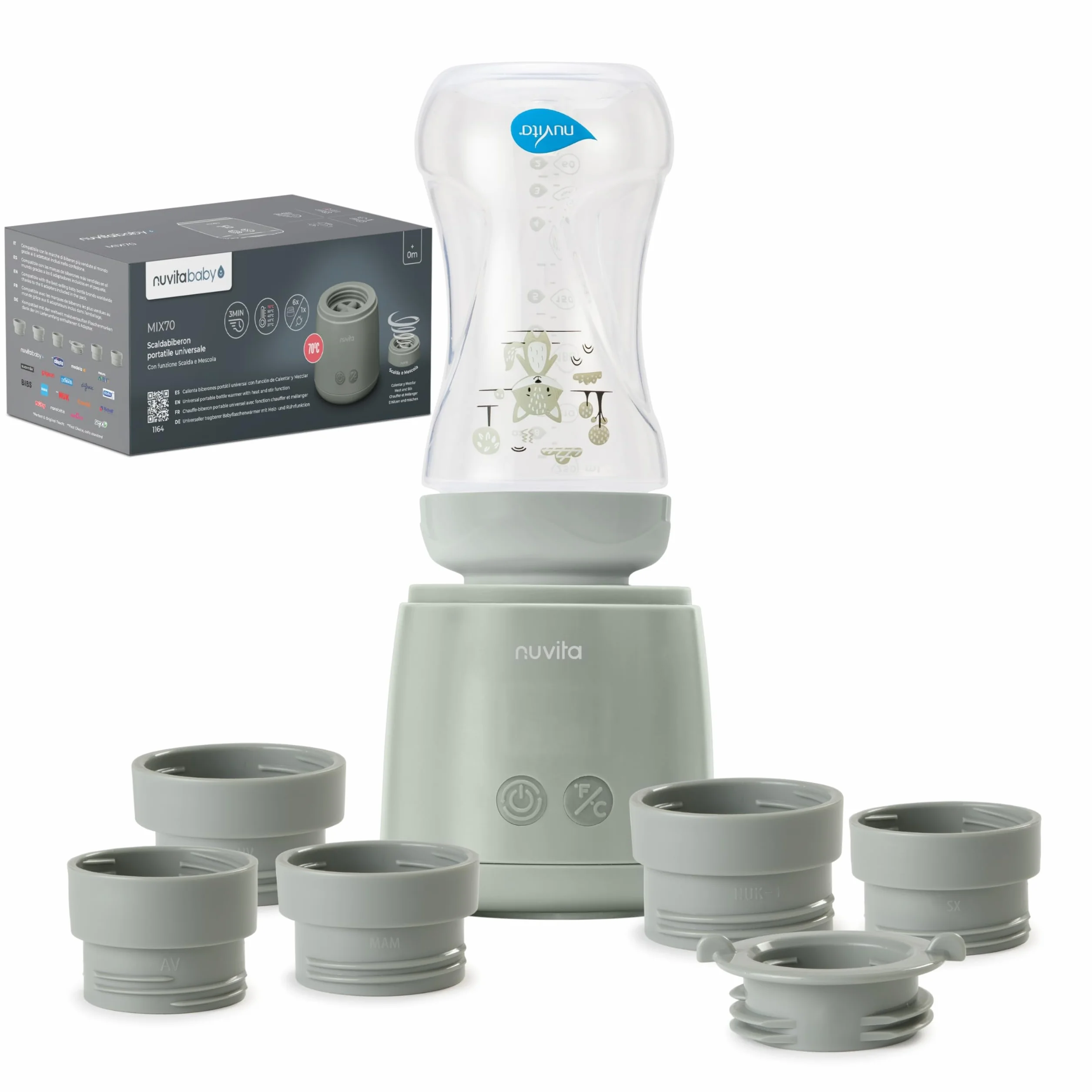 Nuvita 1164 Mix70 Scaldabiberon Portatile 70°C con Funzione Mescolamento, 5 Temperature fino a 70°C, Universale con 6 Adattatori Inclusi, Batteria Ricaricabile, Display LED, Senza BPA