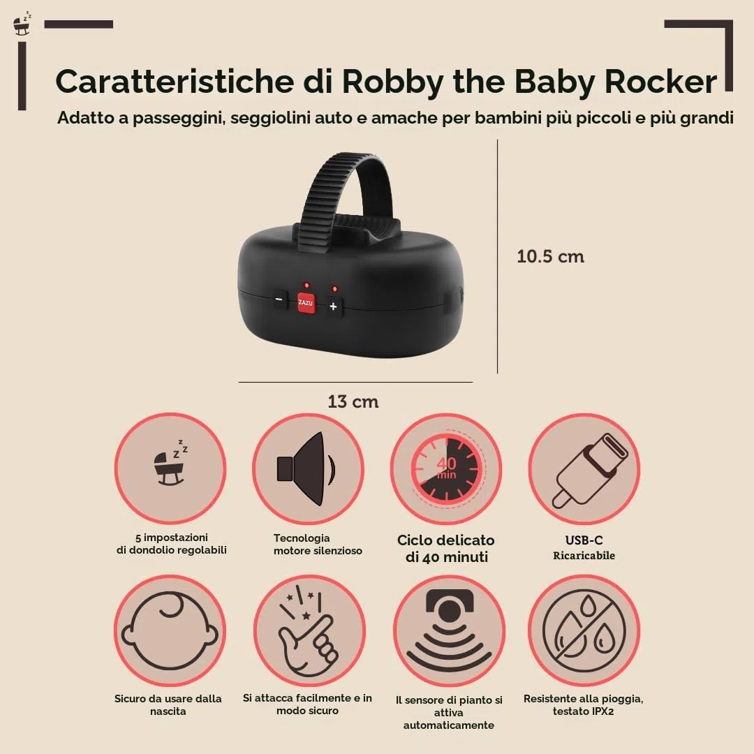 ZAZU Robby - Altalena automatica per passeggino, spessore regolabile, timer da 40 minuti, sensore da viaggio per bambini, ricaricabile USB-C, impermeabile, universale per passeggino e passeggino