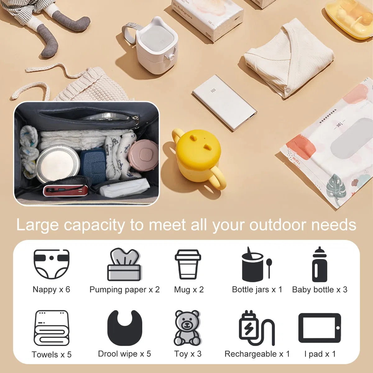 Towwoo Zaino Mamma Multifunzione, 35L Zaino Fasciatoio Neonato Portatile con Lettino Pieghevole, Grande Capacità Cambio Neonato Impermeabile per Bebè Passeggino, Porta di Ricarica USB
