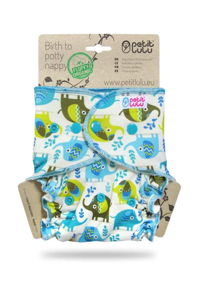 Petit Lulu Pannolino Mutandina Bambù Fitted Taglia Unica | Bottoni | Fluffy Organic | Pannolini di stoffa | Pannolini lavabili | Prodotto in Europa (Little Elephants)