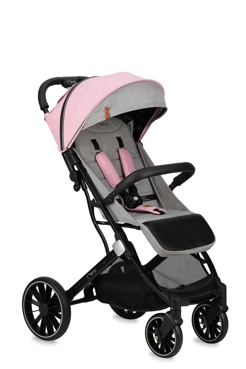 MoMi ESTELLE LIGHT PLUS Passeggino a partire da 6 mesi (fino a 22 kg), pieghevole con cintura di sicurezza a 5 punti, cestino porta spesa e funzione di apertura, manico telescopico per il traino
