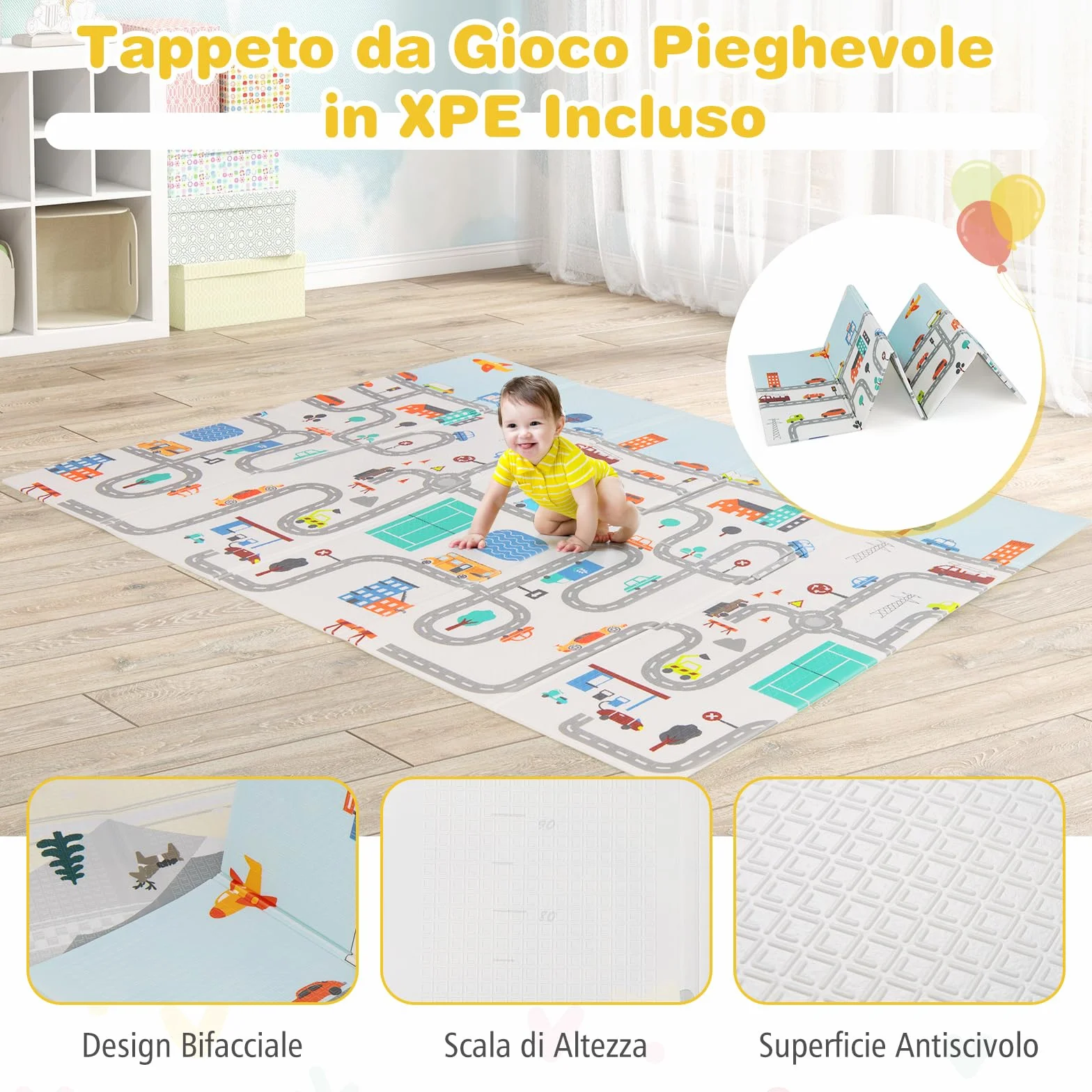COSTWAY Box per Bambini con Materassino, Recinto per Bambini con 4 Anelli e 50 Palline Colorate, Rete Traspirante, Tasca e Borsa, Box Giochi per Bambino 0-3 Anni (Grigio Chiaro, 189 x 158 cm)