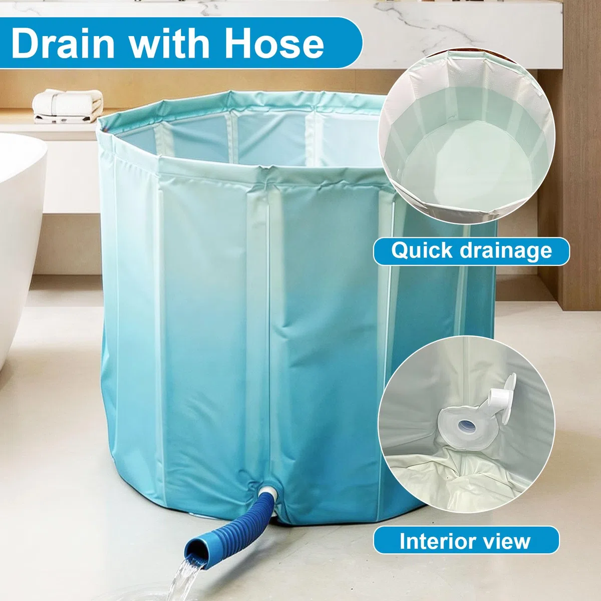 Vasca da Bagno Pieghevole 70×65 cm per Adulti – Vasca Portatile Profonda per Acqua Calda e Fredda con Tubo di Scarico e Cuscino Seduta, Vasca Pieghevole Salvaspazio