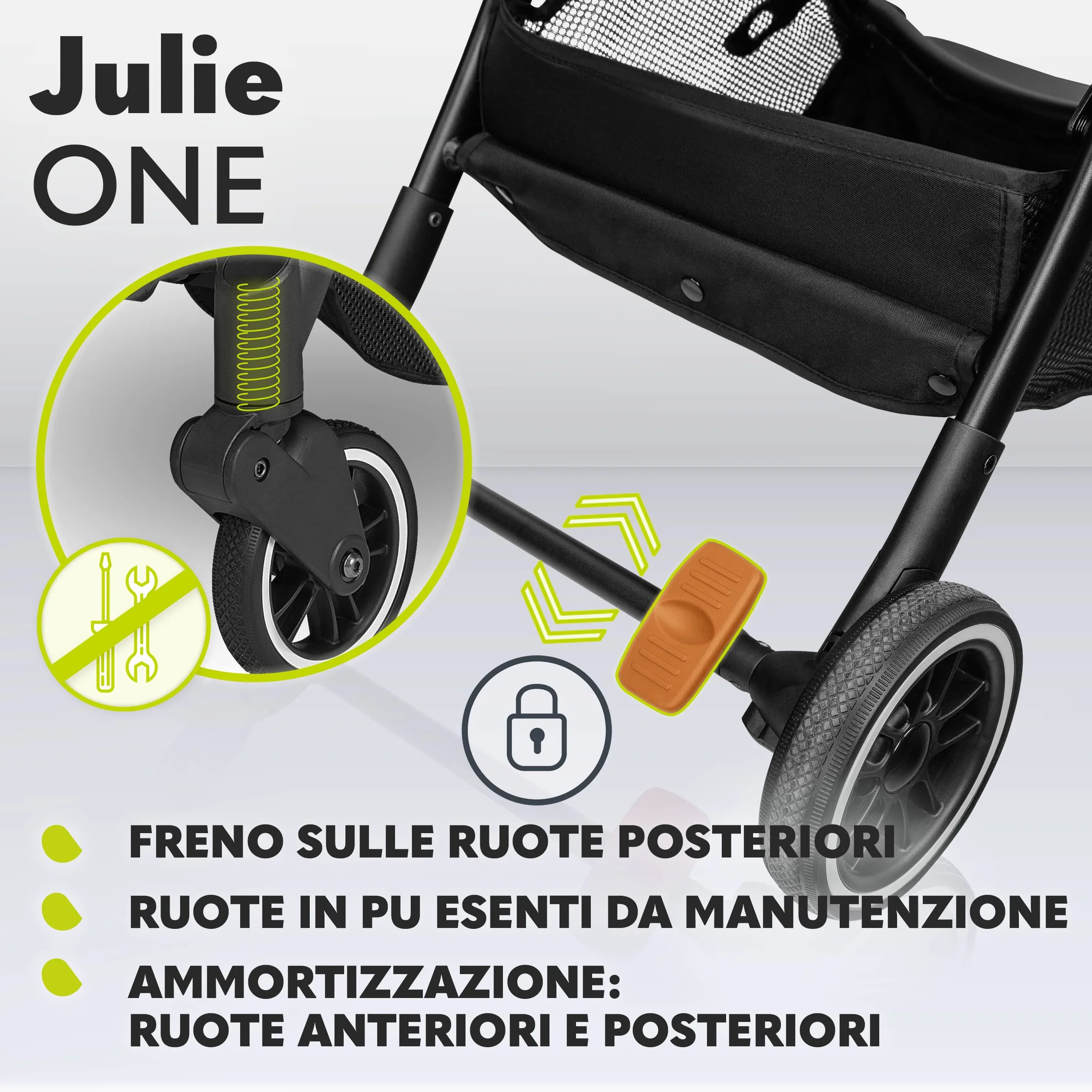 LIONELO Julie One Passeggino leggero pieghevole 0-22 kg Compatto zanzariera coprigambe portabibite borsa Poggiapiedi regolabili schienale sdraiata Nero