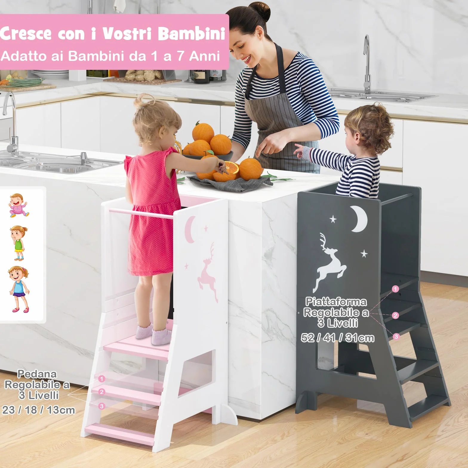 RELAX4LIFE Torre Montessoriana 3 in 1 per Bambini, Torre di Apprendimento Altezza Regolabile con Lavagna Bifacciale e Piedini Antiribaltamento, Rosa