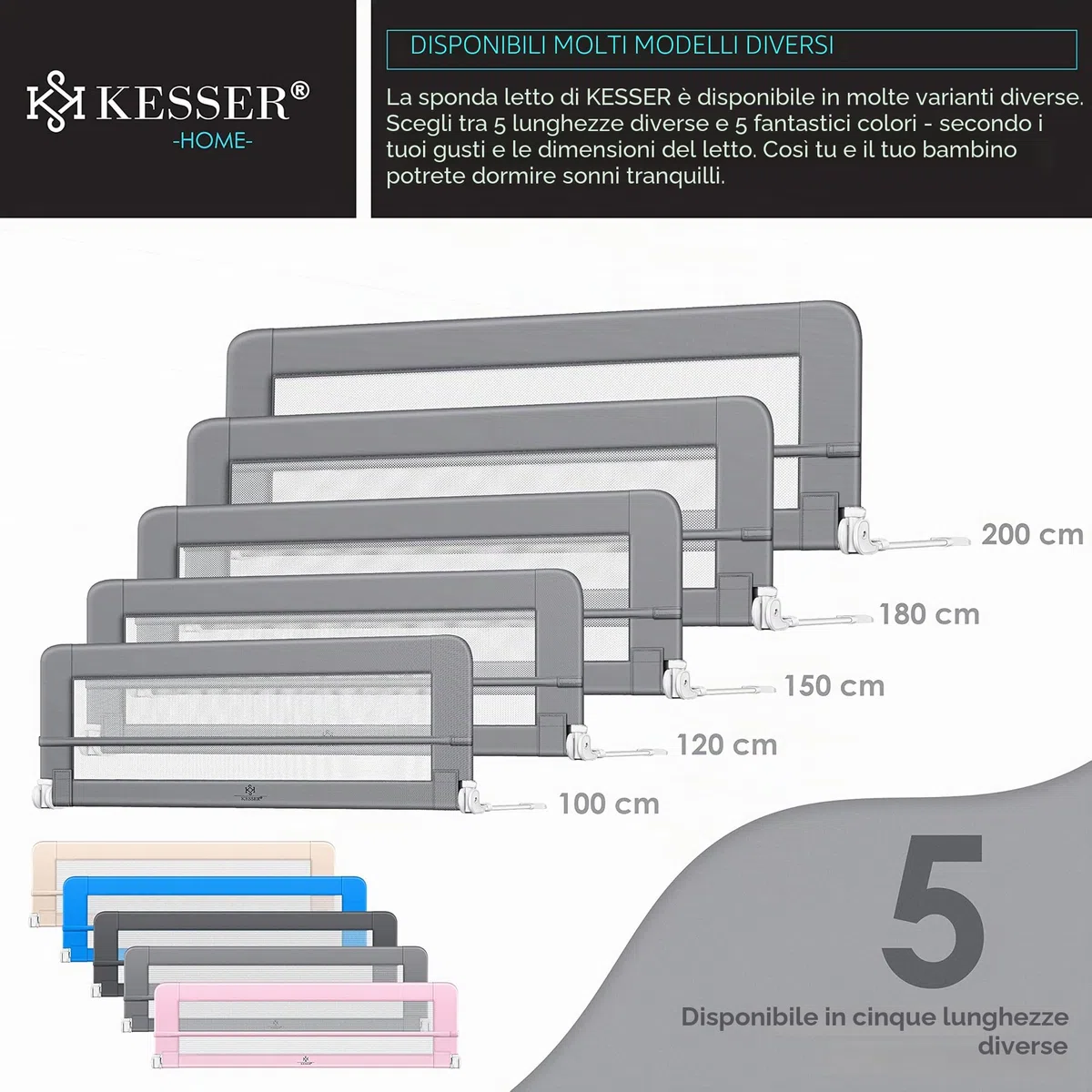 KESSER® Sponda da letto Protezione per letto Sponda da letto bambini Sponda da culla Barriera letto per bambini, Grigio chiaro - 180cm