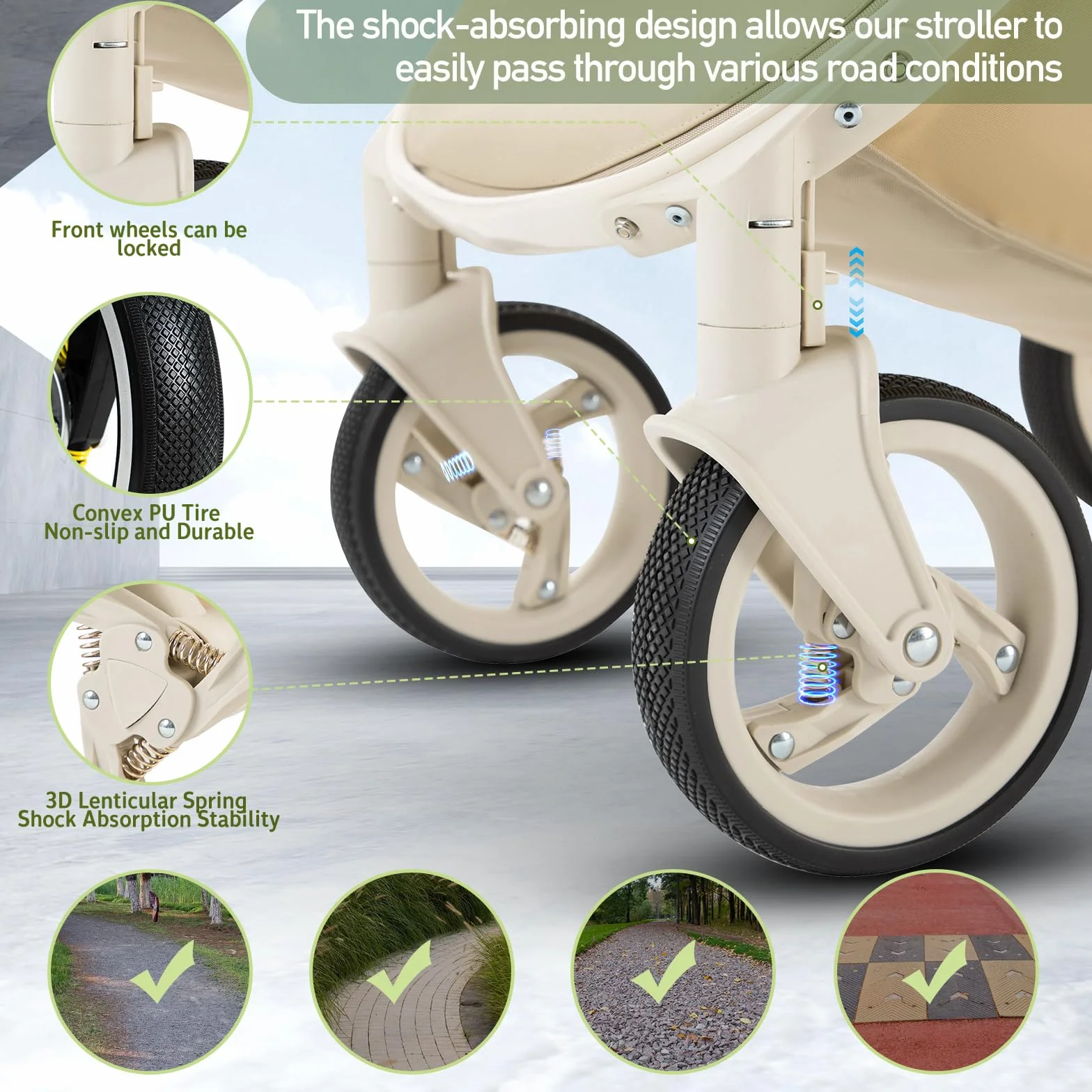 Pelle Passeggino 3 in 1 Sistema di Viaggio con Seggiolino Auto Telaio Alluminio Carrozzina Città Pieghevole per Bambini 0-4 Anni Cachi