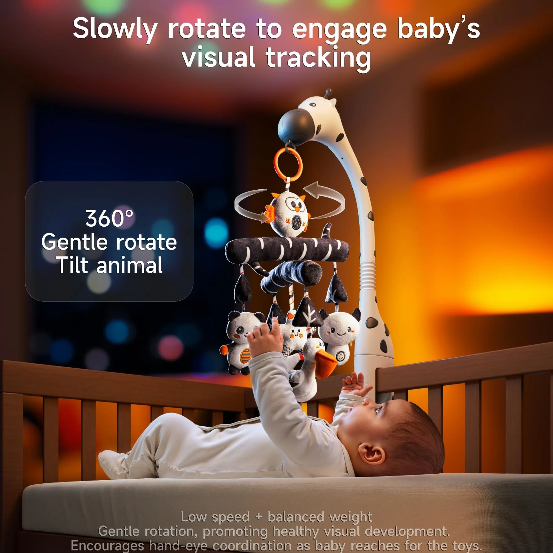 TUMAMA Giocattolo mobile per culla 0-3 mesi alto contrasto luce notturna proiettore musica rumore bianco peluche appendere