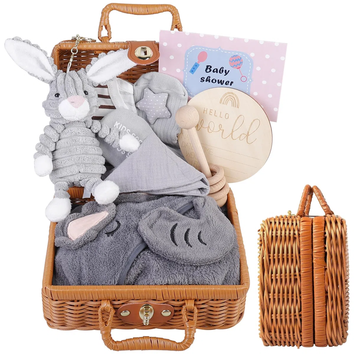 Cesto regalo per neonati: 9 in 1, set regalo per nascita, baby shower con fazzoletto triangolare, cestini, biglietti di nascita, biglietti di auguri, calzini, peluche, vestiti, copertine, sonagli in