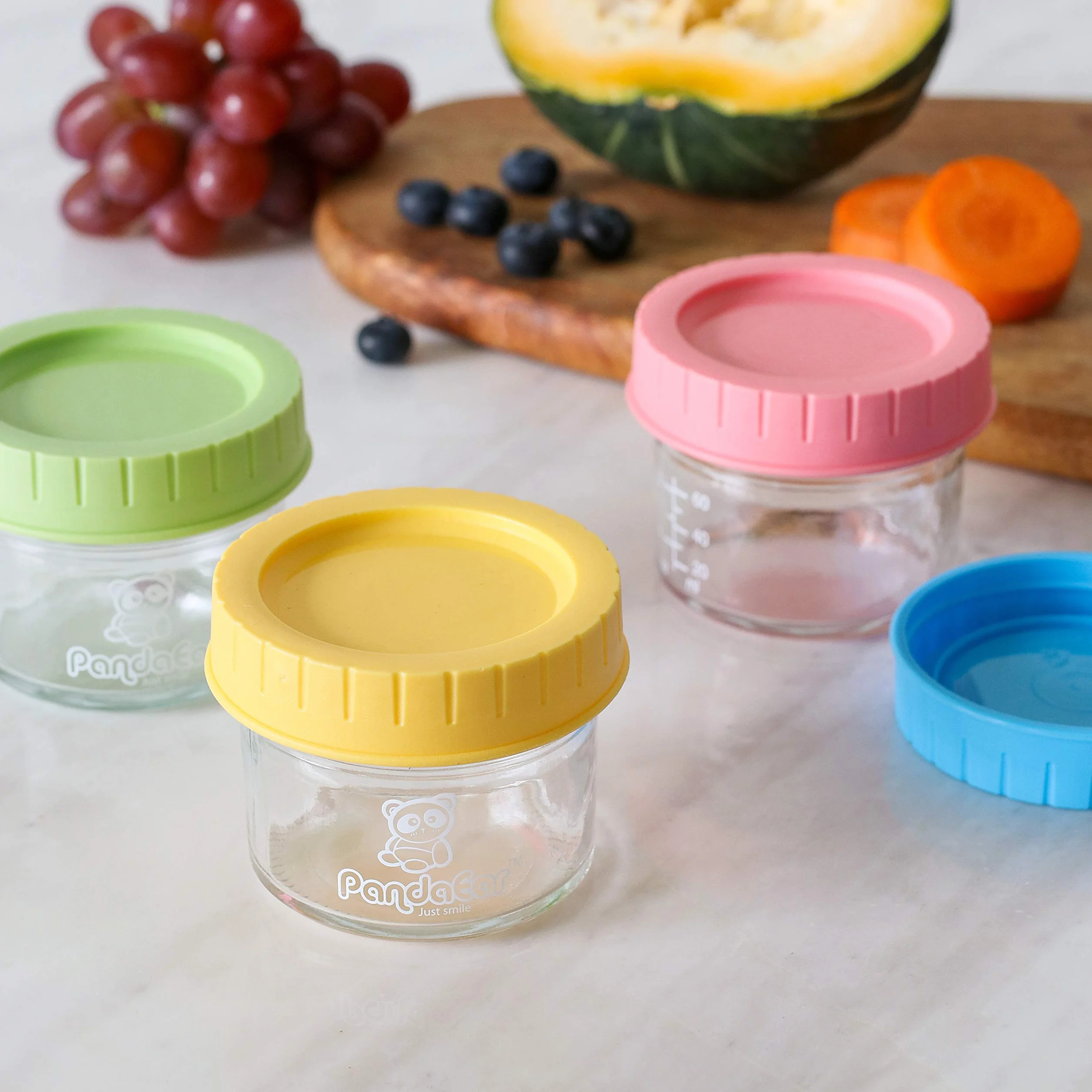 PandaEar (confezione da 12 barattoli di vetro per alimenti per bambini | Conservazione del congelatore per piccoli contenitori riutilizzabili da 4 once con coperchi ermetici a prova di perdite
