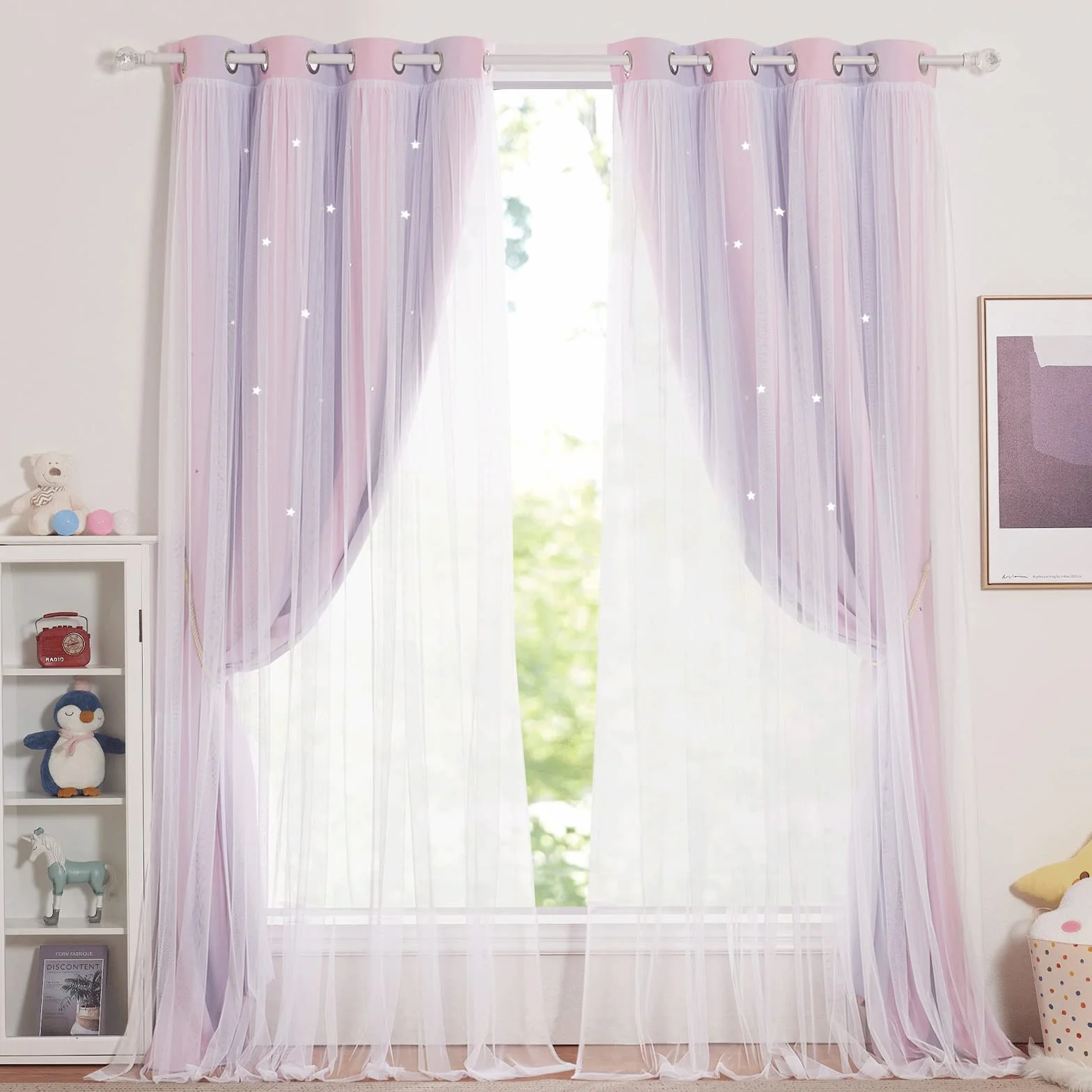 NICETOWN Tende Oscuranti per Camera da Letto Doppio Velo con Stelle Vuote 2 Pezzi 132x280 cm Rosa Viola