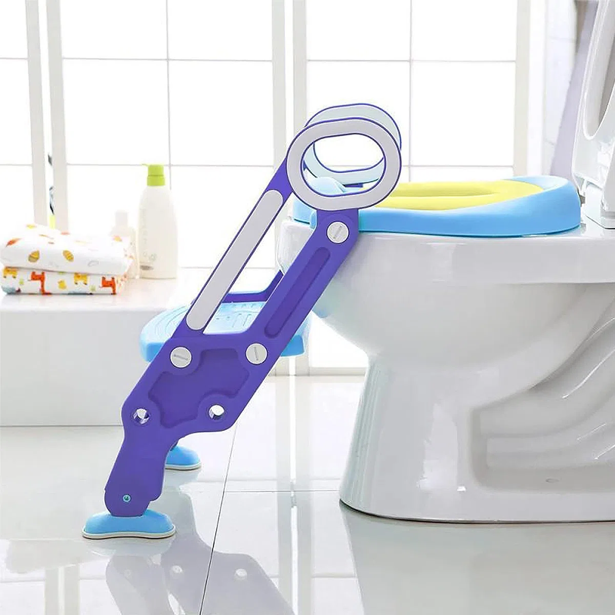 ACXIN Sedile WC per bambini con scale, vasino pieghevole, addestratore per WC regolabile con cuscino in poliuretano e maniglia, vasino per bambini, blu e viola
