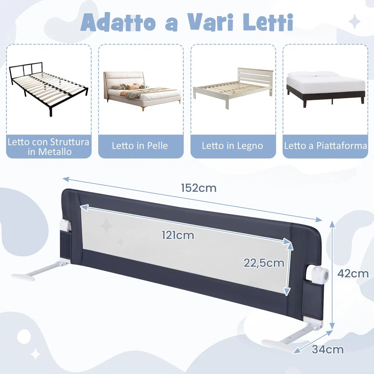 RELAX4LIFE Sponda Letto per Bambini 105/120/150cm, Barriera di Sicurezza, Traspirante e Pieghevole, Sbarra Letto per Letti Singoli e Matrimoniali (152x34x42cm, Grigio)