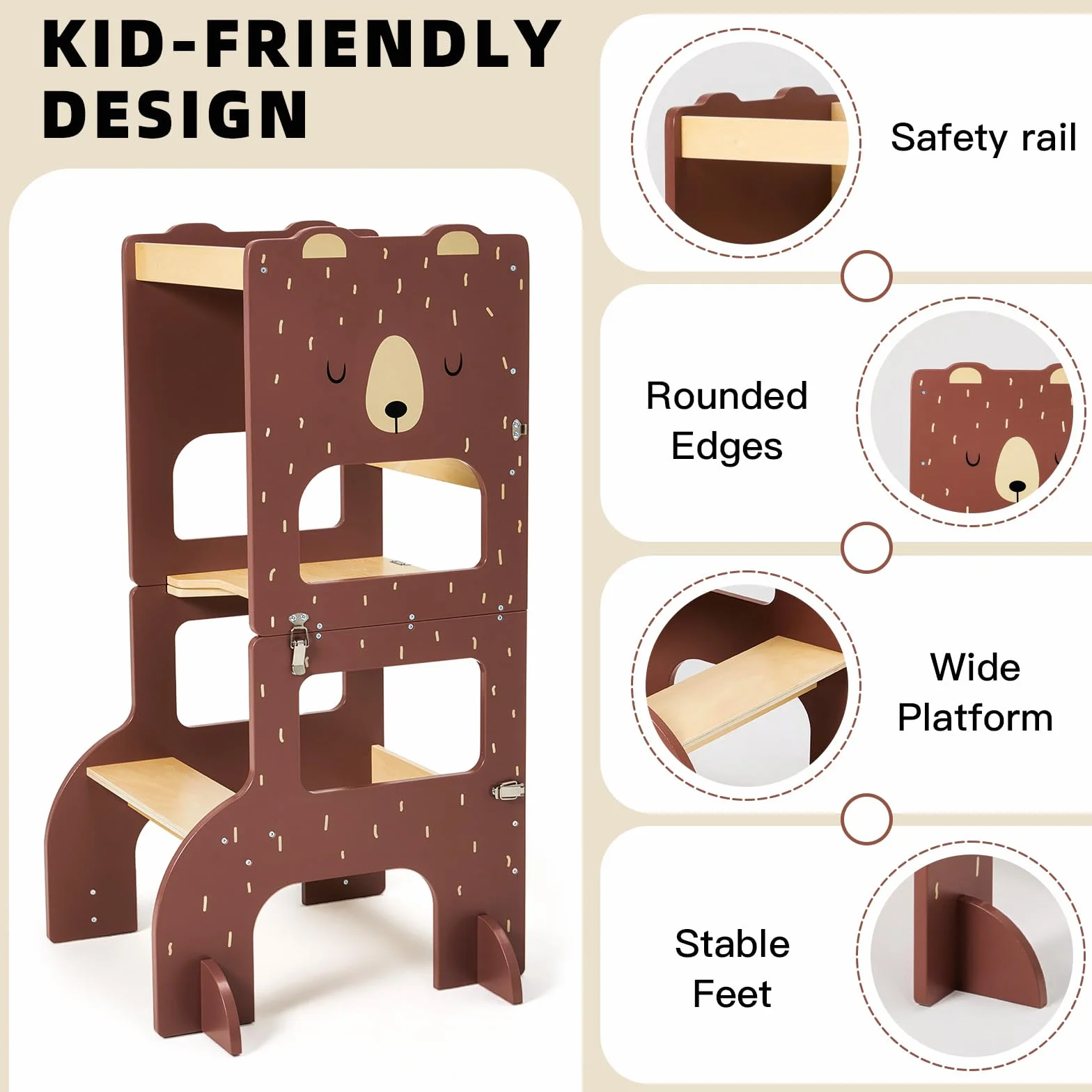 Labebe Torre Montessoriana Pieghevole in Legno Grandi Dimensioni 3 in 1 con Lavagna Orso Bruno