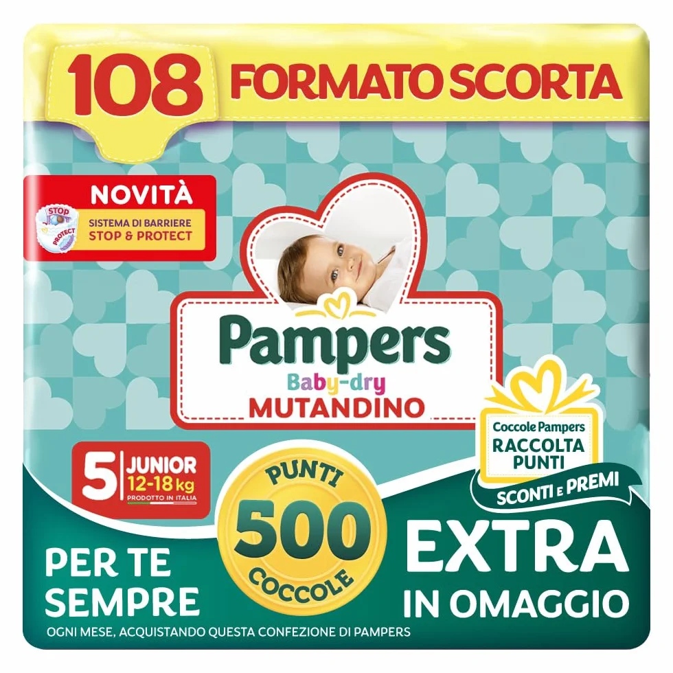 Pampers Baby Dry Mutandino Junior Taglia 5 (12-18 kg) 108 Pannolini Bambino