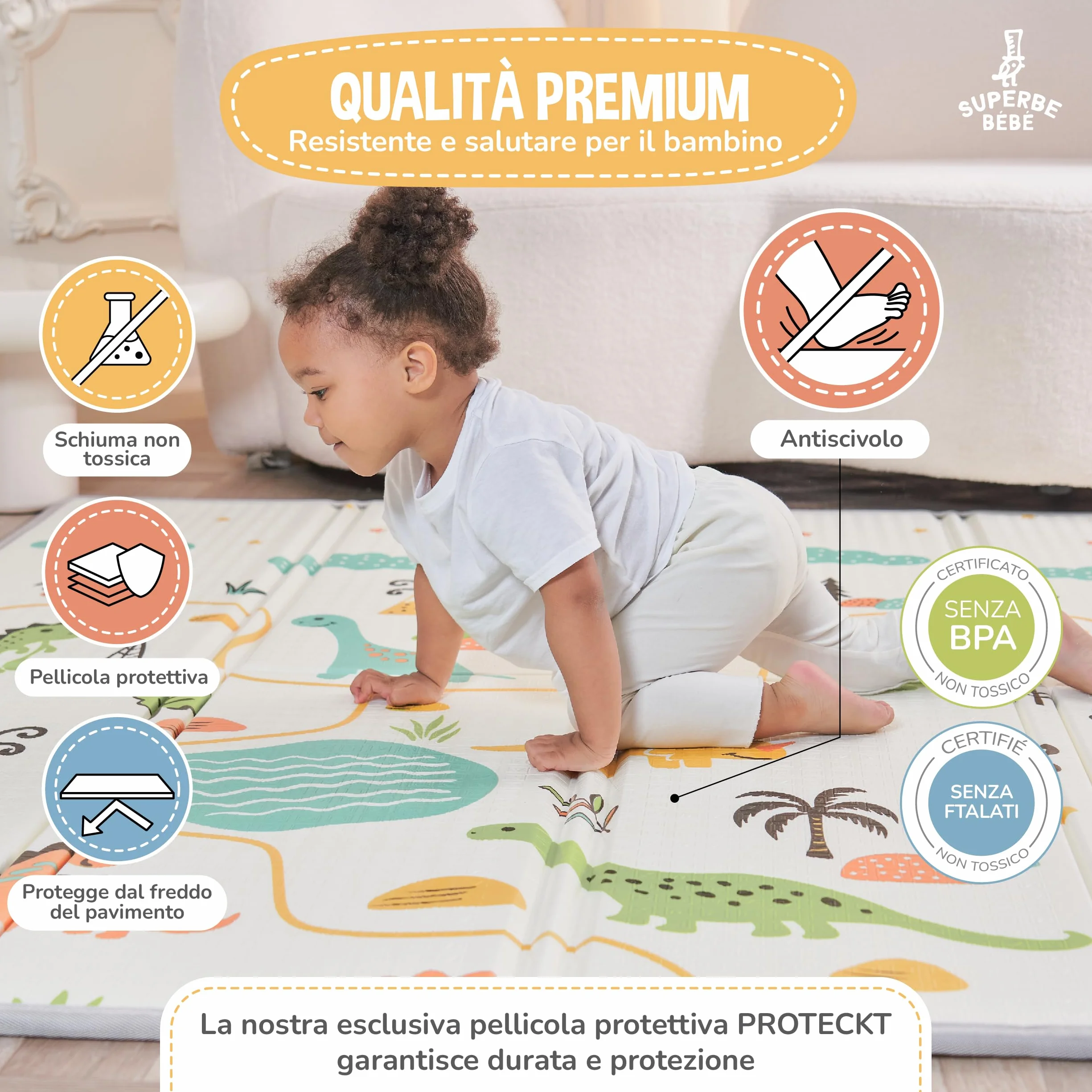 Tappeto Gioco Bambini Pieghevole 150x180x1cm Montessori Reversibile Impermeabile Schiuma Tummy Time Neonati