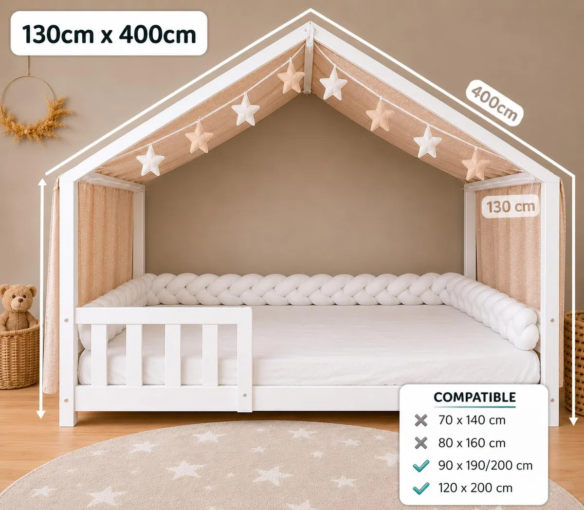 YellowNest Tenda per Letto Montessori - Tenda Letto Bambini per Letto - 100% Mussola di Cotone - Con o senza Ghuirlanda (Beige, 130 x 400 cm)