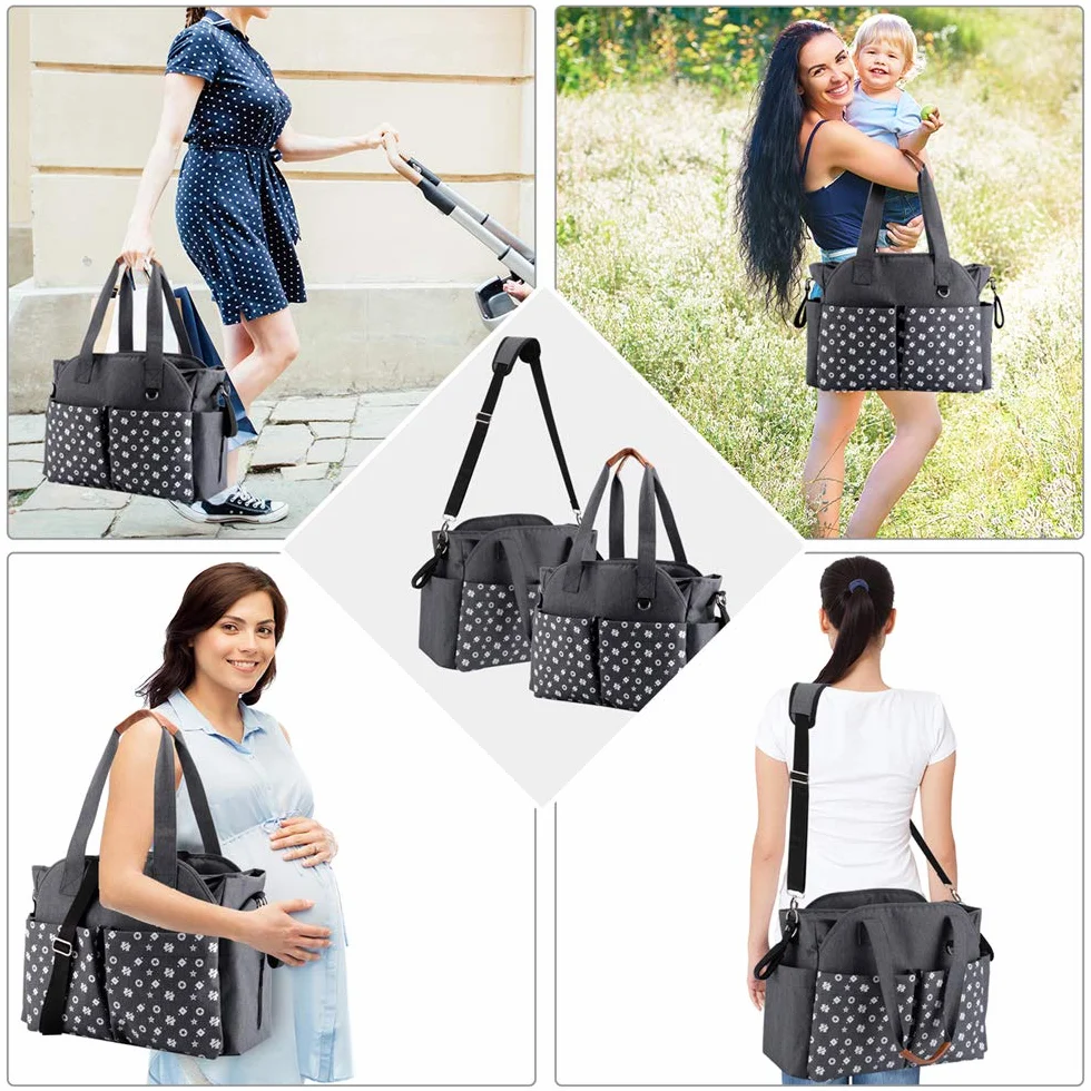Homlynn Borsa a tracolla per cambio pannolino, borsa messenger da viaggio con cinghie per carrozzina, 12 tasche, grigio classico