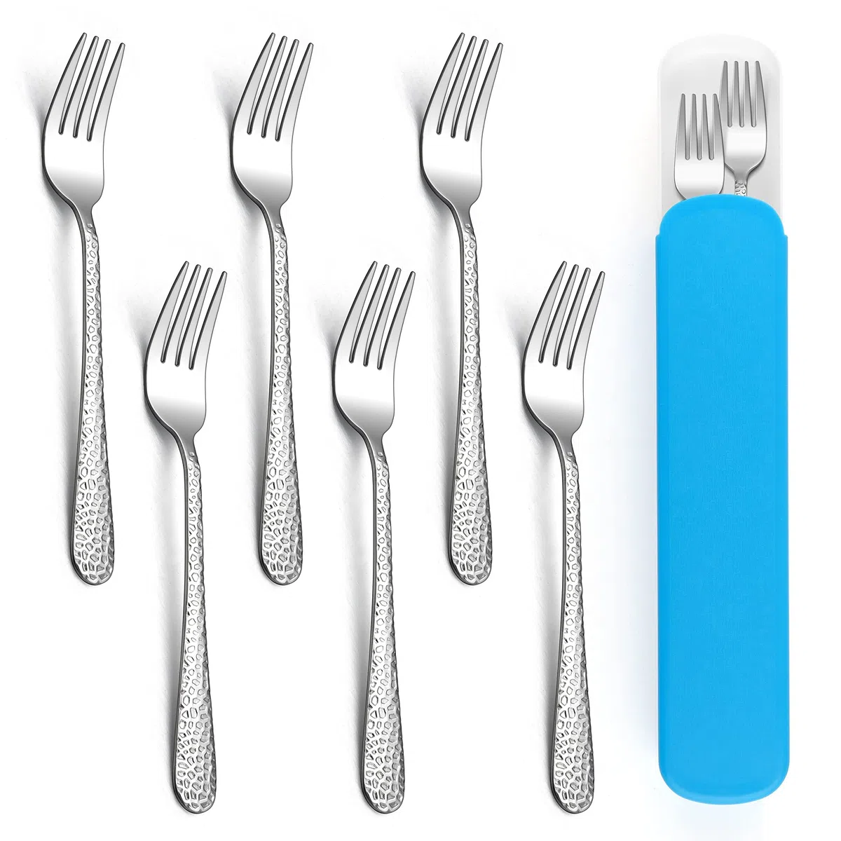 Herogo Set di forchette per bambini, 7 pezzi, posate per bambini, in acciaio inox, con custodia blu, manico martellato, forchette per bambini, stoviglie per bambini per asilo e scuola