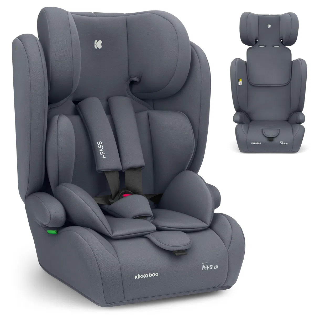 KikkaBoo Seggiolino Auto 9-36 kg i-PASS, Gruppo 1/2/3, Da 15 Mesi a 12 Anni, i-Size 76-150 cm, Poggiatesta Regolabile 13 Posizioni, Grigio