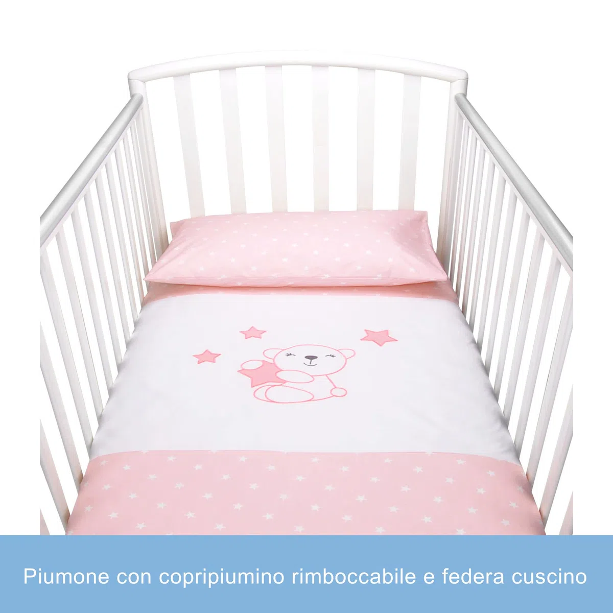 Babysanity- Set Paracolpi Lettino Alta Traspirabilità Piumino Copripiumino Sfoderabile Federa 100% Cotone Made in Italy (Piccole Stelle Rosa)