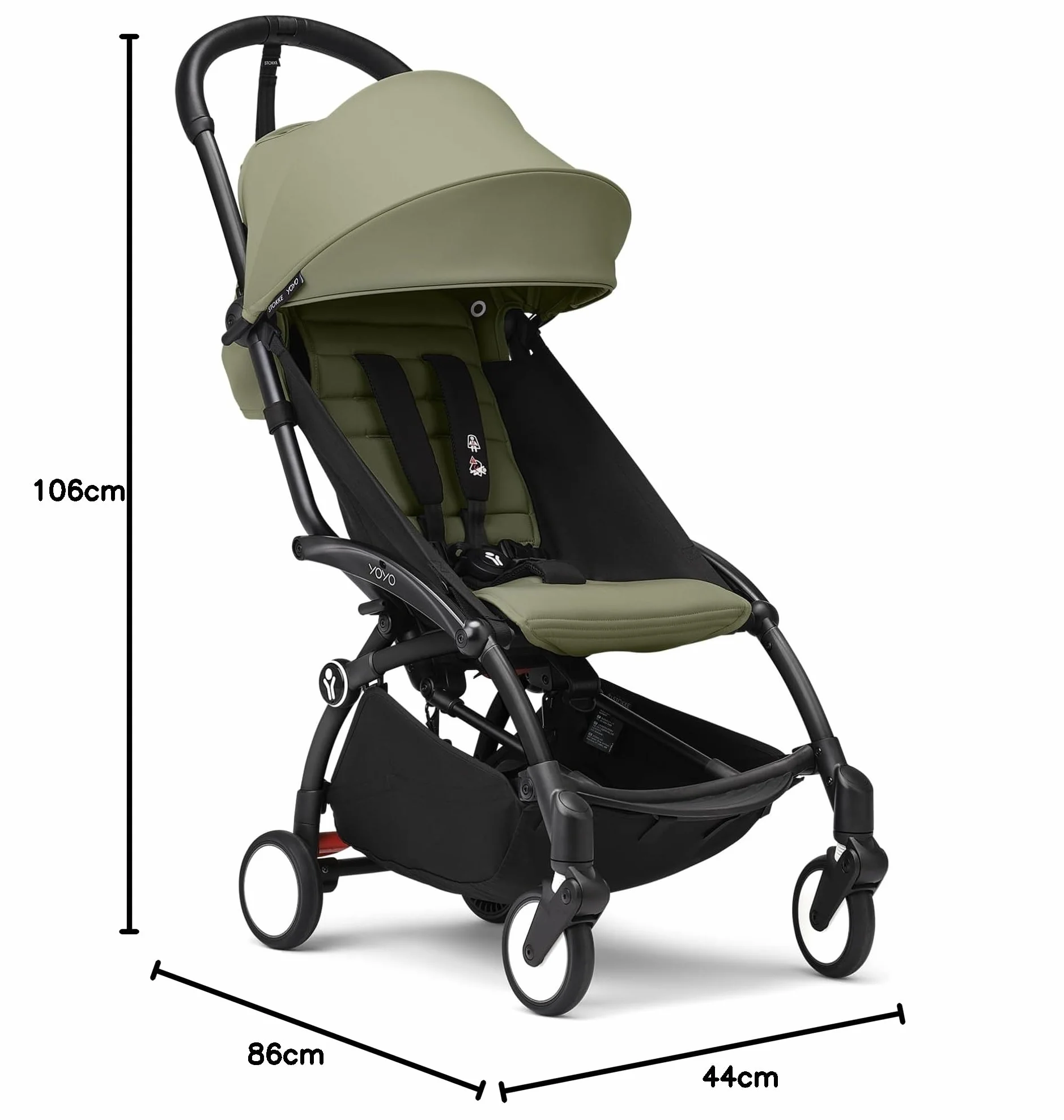 Stokke YOYO3 Passeggino da 6 mesi Telaio Nero Cuscino Seduta Olive Capottina Ripiegabile Compatto