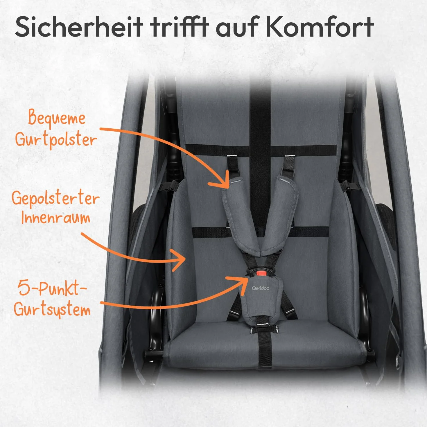 Rimorchi per bicicletta marca QERIDOO. Modello Kinderfahrradanhänger & Buggy QUPA 1 für 1 Kind mit Kupplung, Blattfeder-Dämpfsystem (bis 50 kg) - Grigio