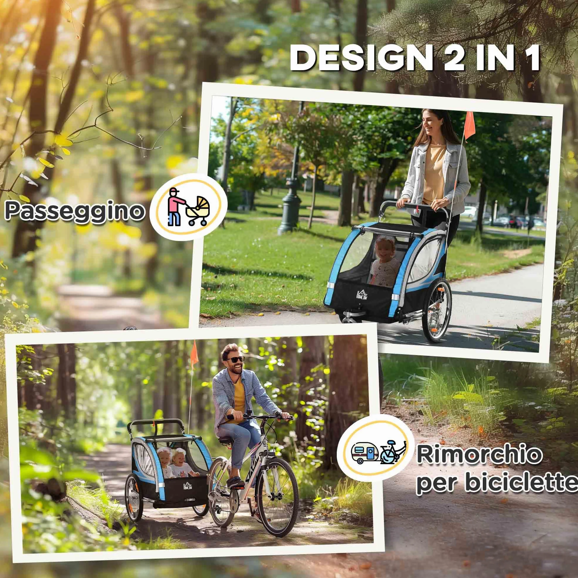 HOMCOM Rimorchio Bici per Bambini 2 in 1 Passeggino con Freno, Cintura a 5 Punti