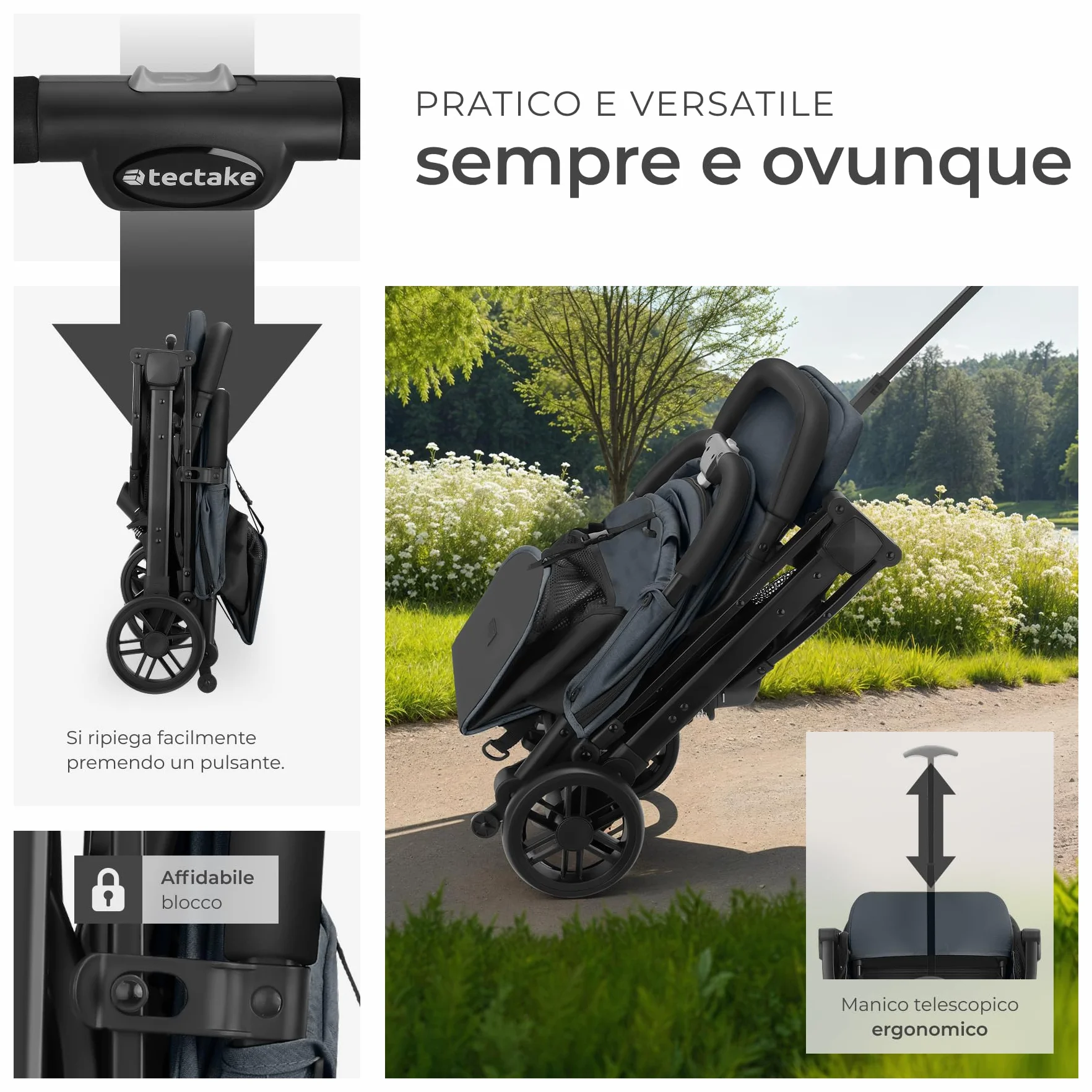 Tectake Passeggino Pieghevole Leggero con Cintura a 5 Punti Regolabile, Freno Pedale, Tettuccio UV, da 0 a 3 Anni - Antracite