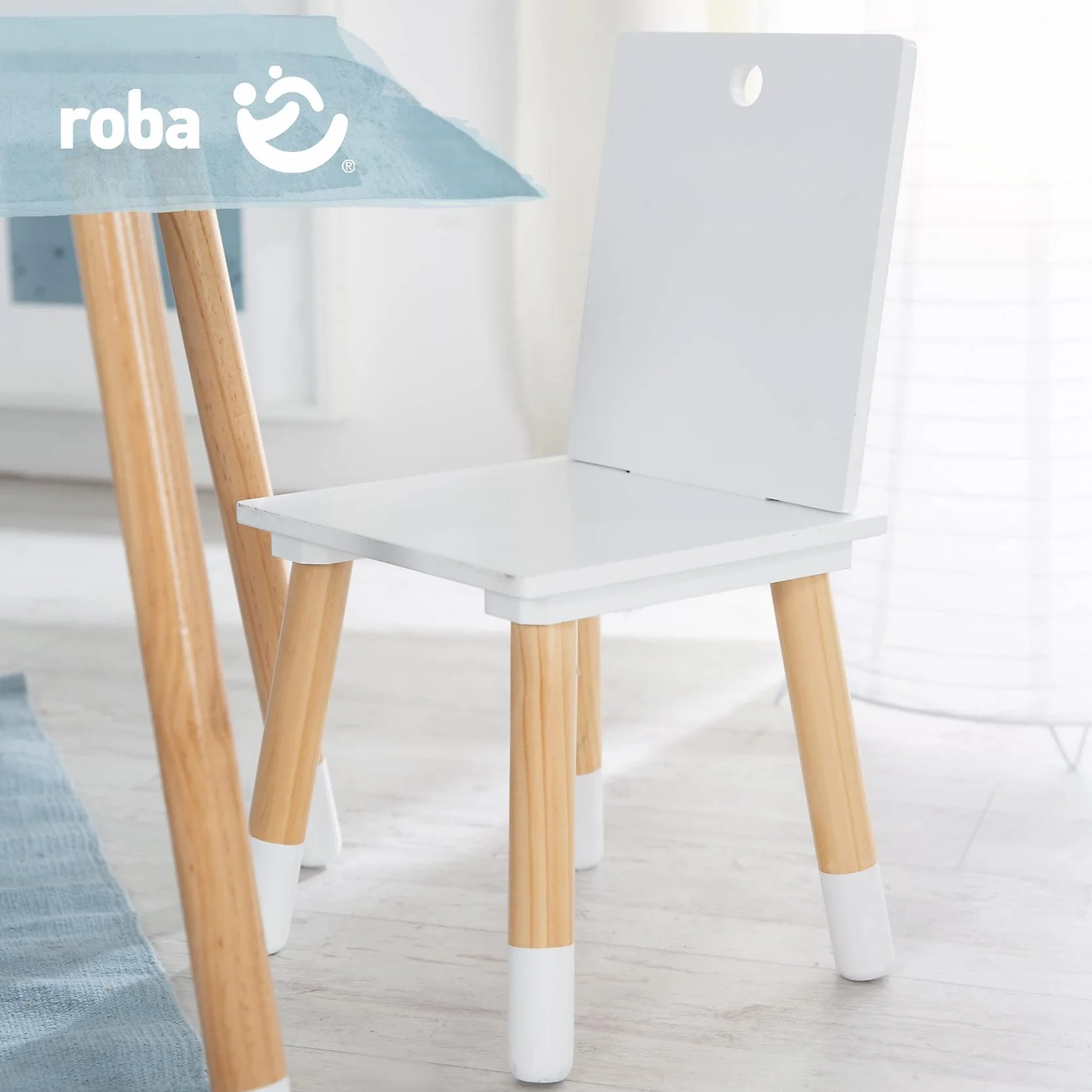 roba Set Tavolo + 2 Sedie per Bambini - da Esterno e da Interno - 3 Altezze Regolabili - Piedi in Legno Massiccio - Stile Scandinavo - Legno Naturale e Laccato Bianco