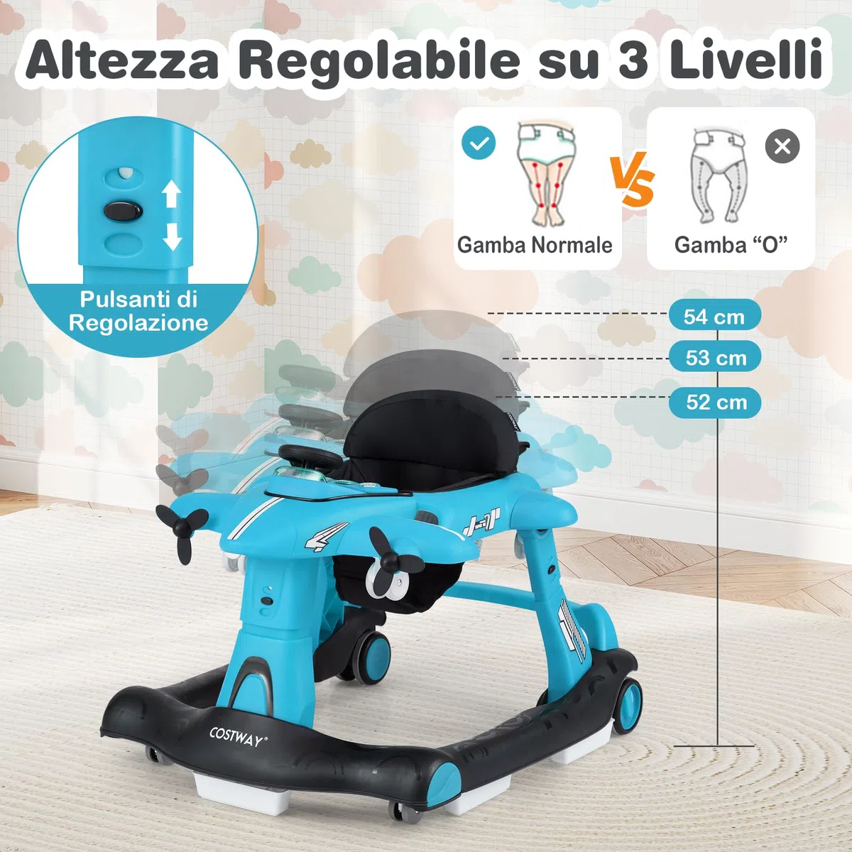 COSTWAY 6 in 1 Girello per Bambini, Girello Pieghevole con Altezza e Velocità Regolabili a 3 Livelli, Vassoio, Musica, Ruote, Luci, Giocattoli Evolutivi per Bambini 6-18 Mesi (Blu)