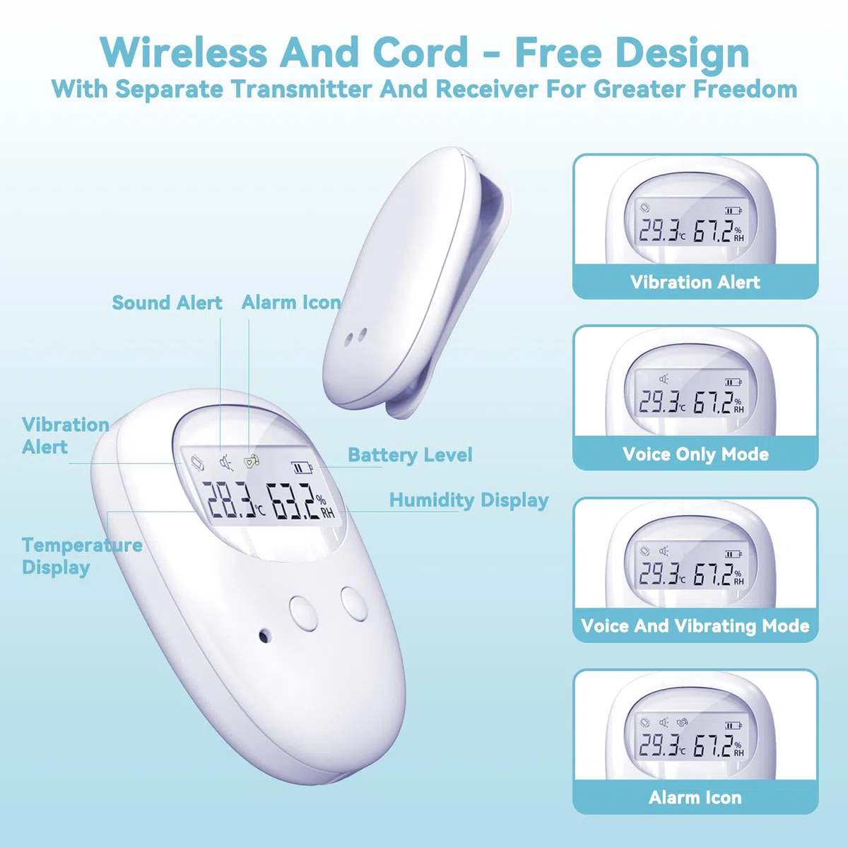 Wireless Allarme per Enuresi Notturna per Bambini, Allarme Pipì con Display per Temperatura e umidità, 3 modalità di Allarme, Ricaricabile USB, Alta Sensibilità, Cura dei Bambini e degli Anziani