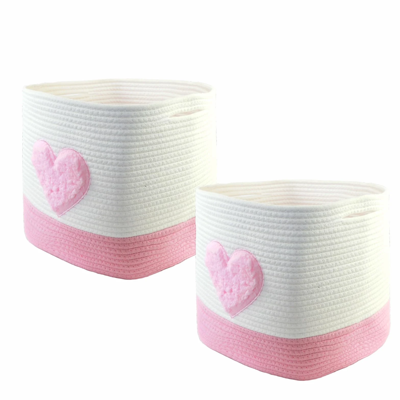Cestini portaoggetti, 28 x 28 x 28 cm, quadrati intrecciati in corda di cotone, piccoli cestini intrecciati per la selezione, per cameretta dei bambini, uffici, decorativi. (set da 2, cuori rosa)
