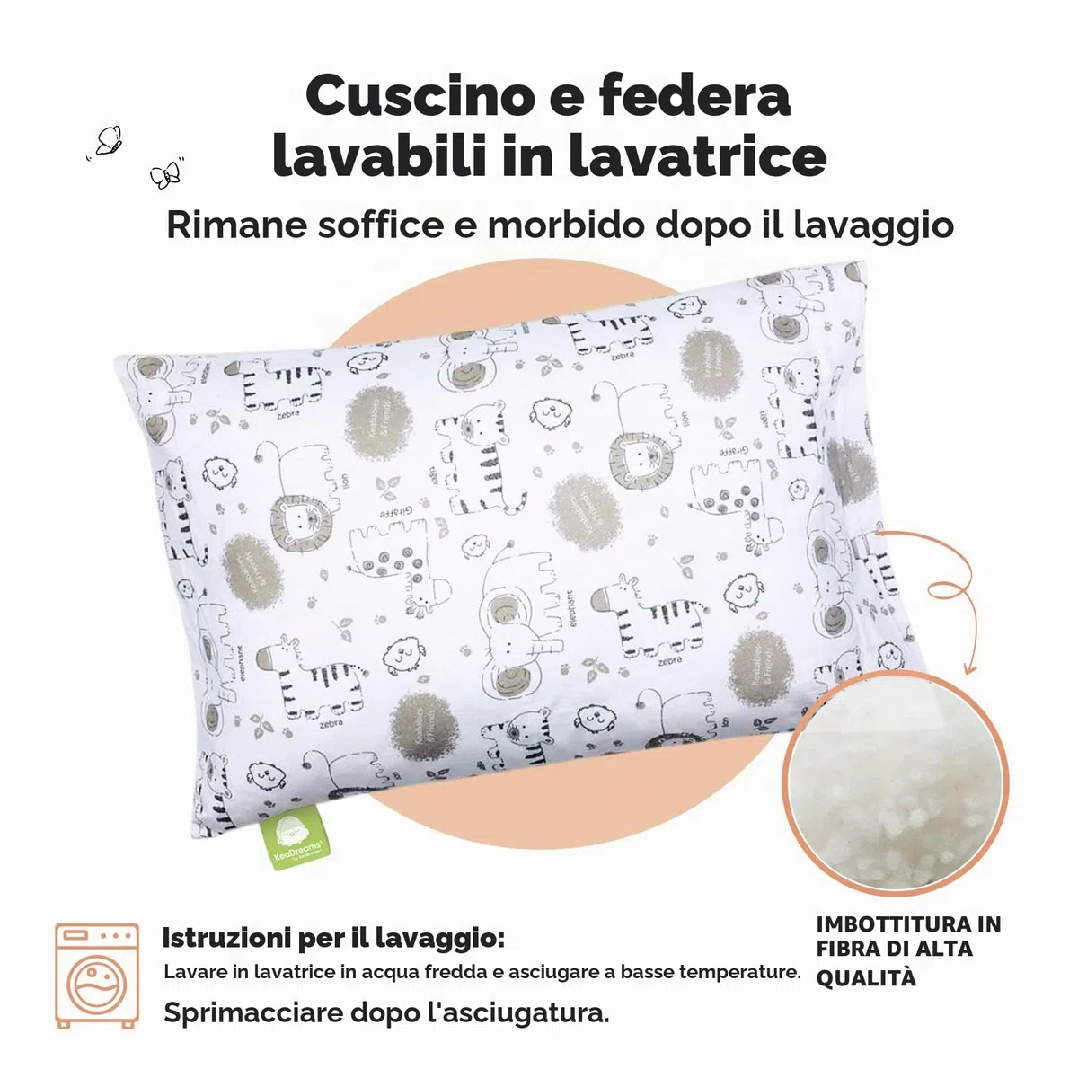 KeaSafari - Cuscino per bambini con federa, morbido cotone biologico, per dormire, lavabile, per bambini