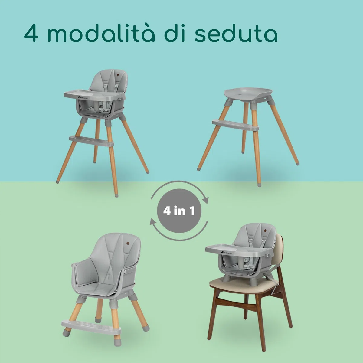 Bebeconfort Avista 2, Seggiolone Pappa 4 in 1, 6 mesi - 4 anni (60 kg), Seggiolone Evolutivo, Rialzo Sedia Bambini, Sedia e Sgabello, Seduta Imbottita, Vassoio Regolabile 3 posizioni, Tinted Grey